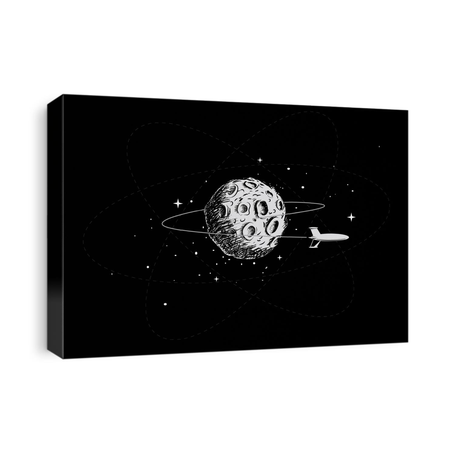 spacecraft orbiting the moon.Hand drawn style.Vector illustration