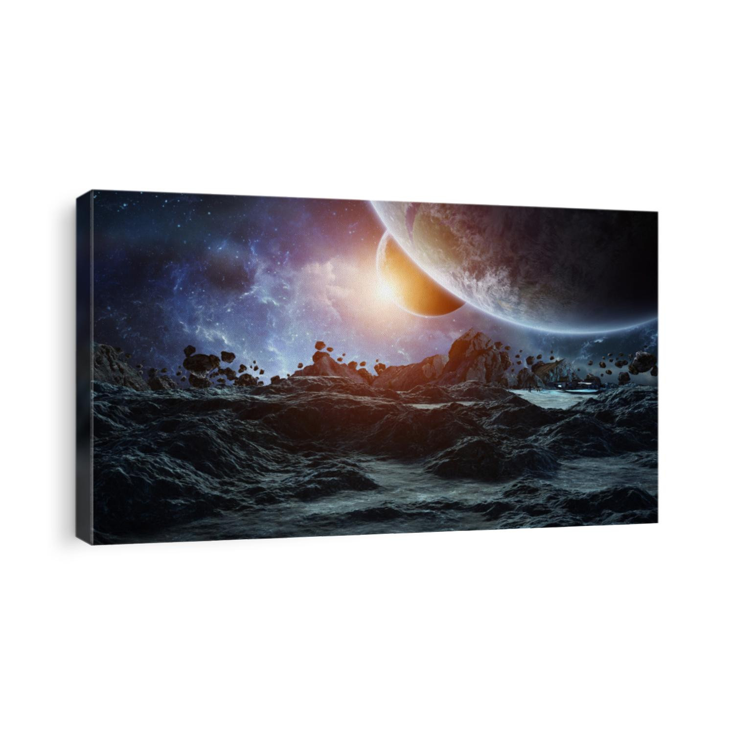 Astronauts with spaceship exploring an asteroid in space 3D rendering elements of this image furnished by NASA