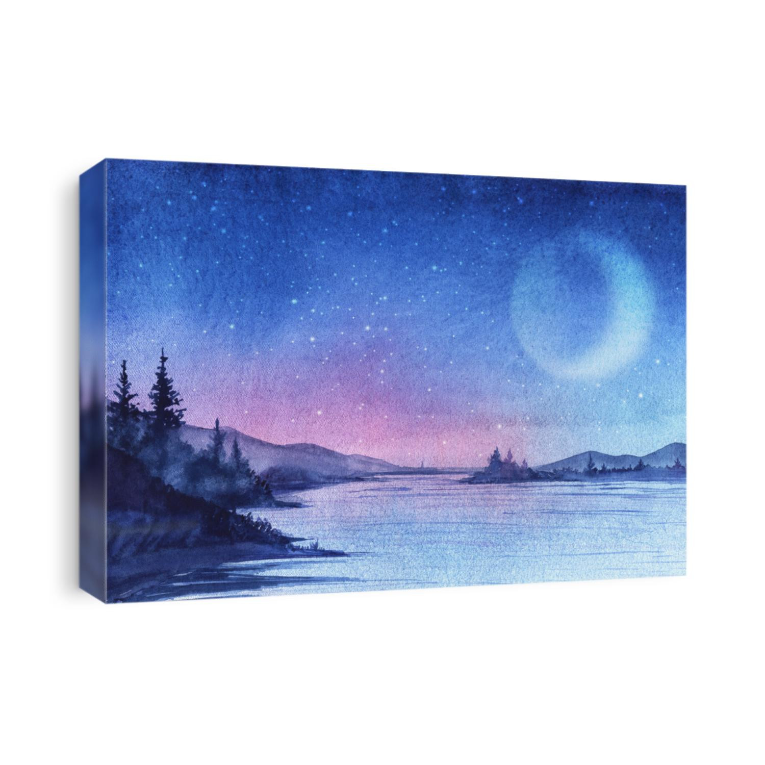 Evening landscape with forest lake, firs, mountains. Gradient sky from bright blue to pink. On the horizon sunset. Bright stars and moon. Hand-drawn watercolor illustration with post digital painting.