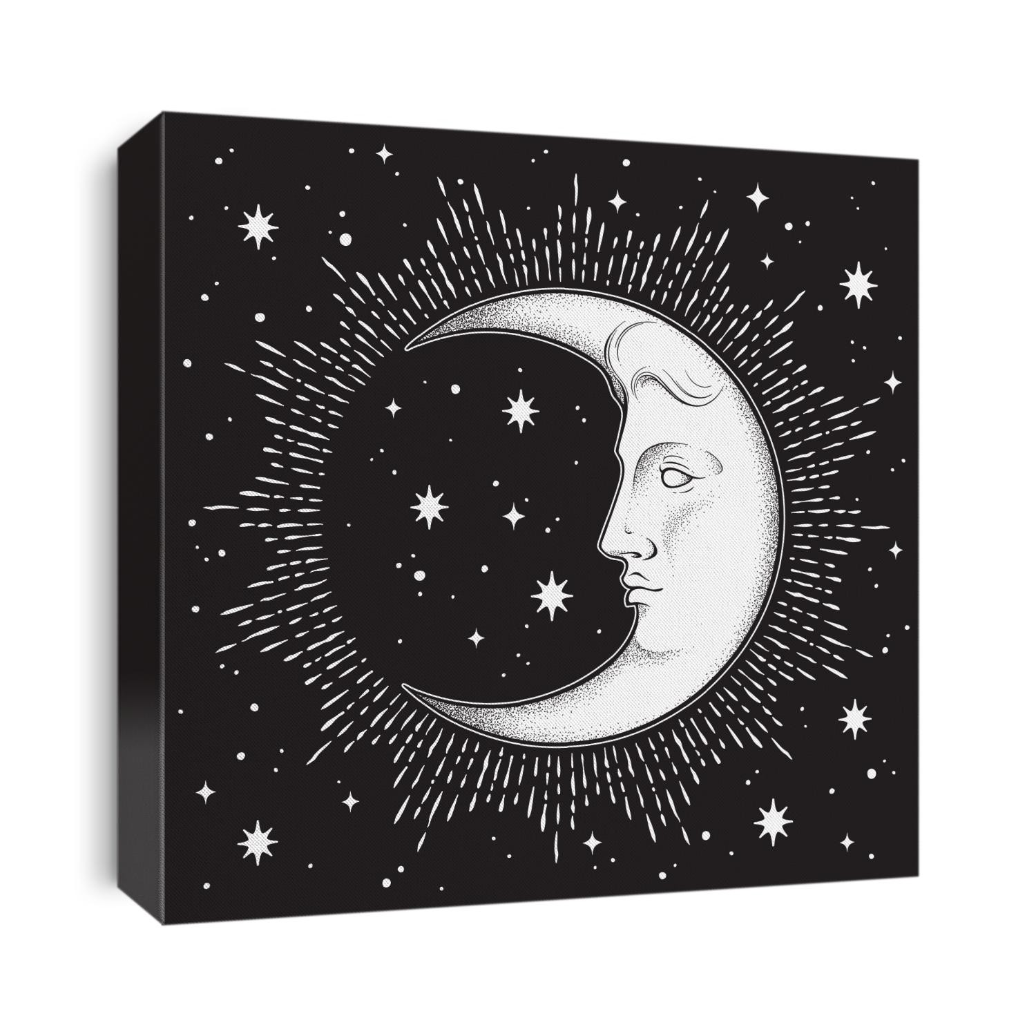 Crescent moon and stars in antique style hand drawn line art and dotwork. Boho chic tattoo, poster, altar veil, tapestry or fabric print design vector illustration