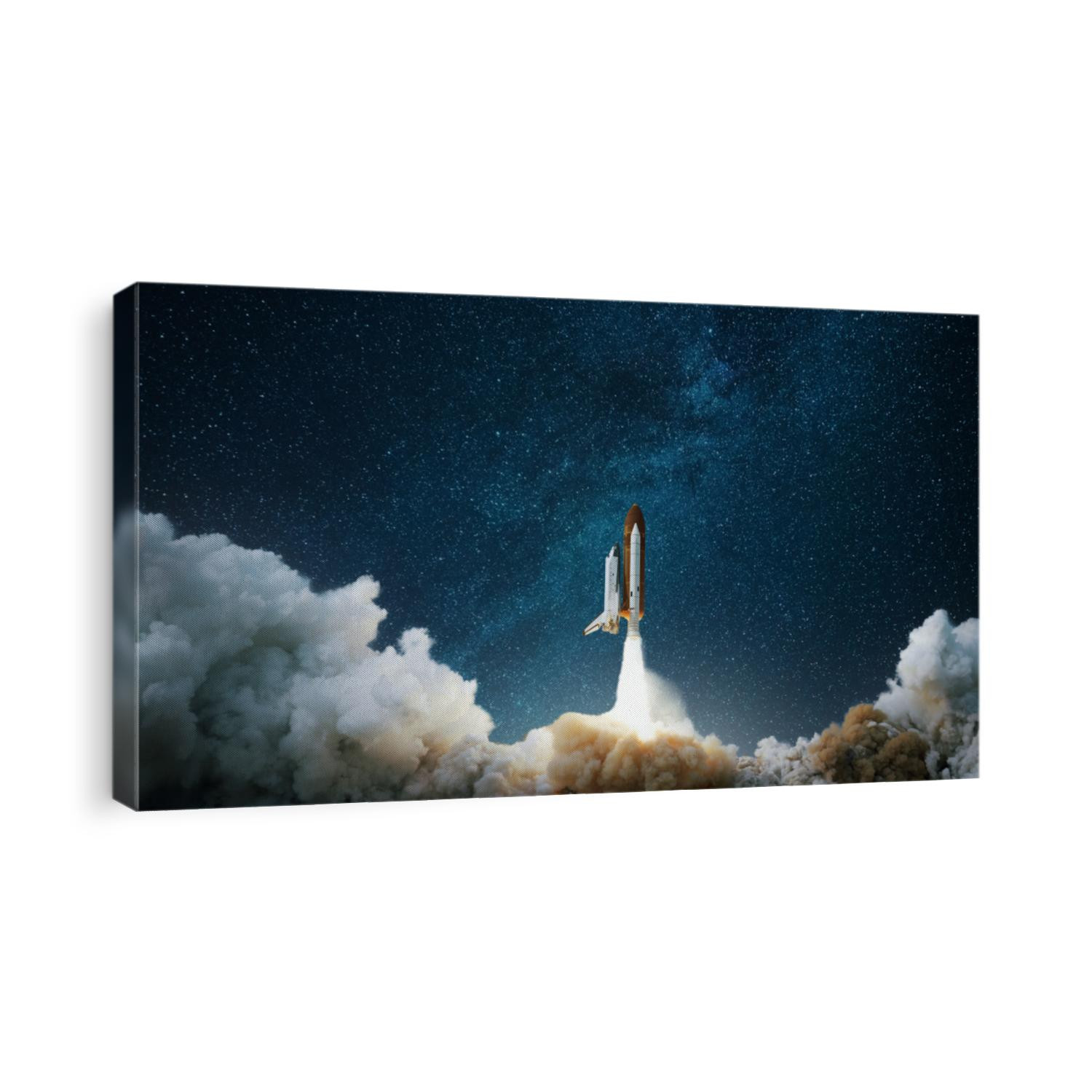 Spaceship takes off into the starry sky. Rocket starts into space. Concept