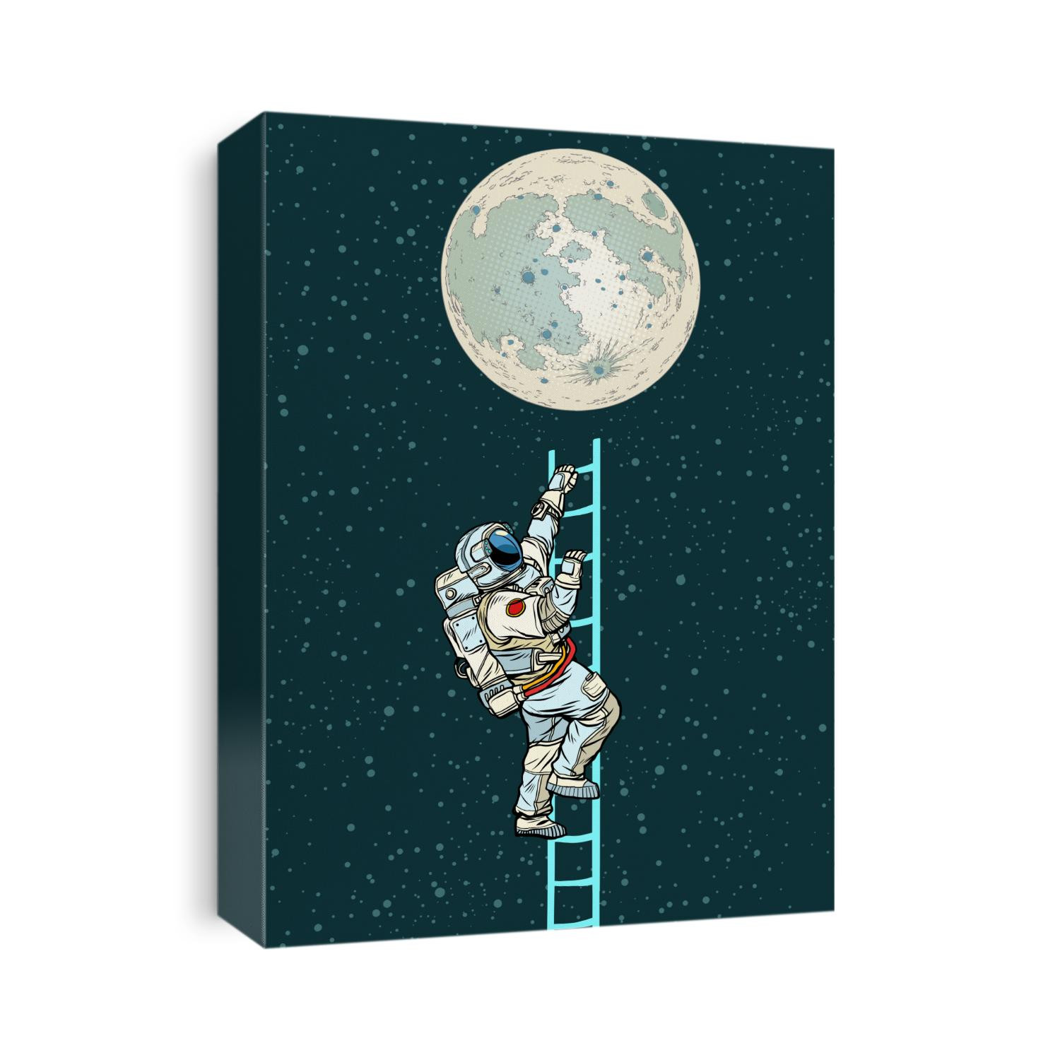 Astronaut climbs the stairs to the moon. Pop art retro vector illustration kitsch vintage 50s 60s style