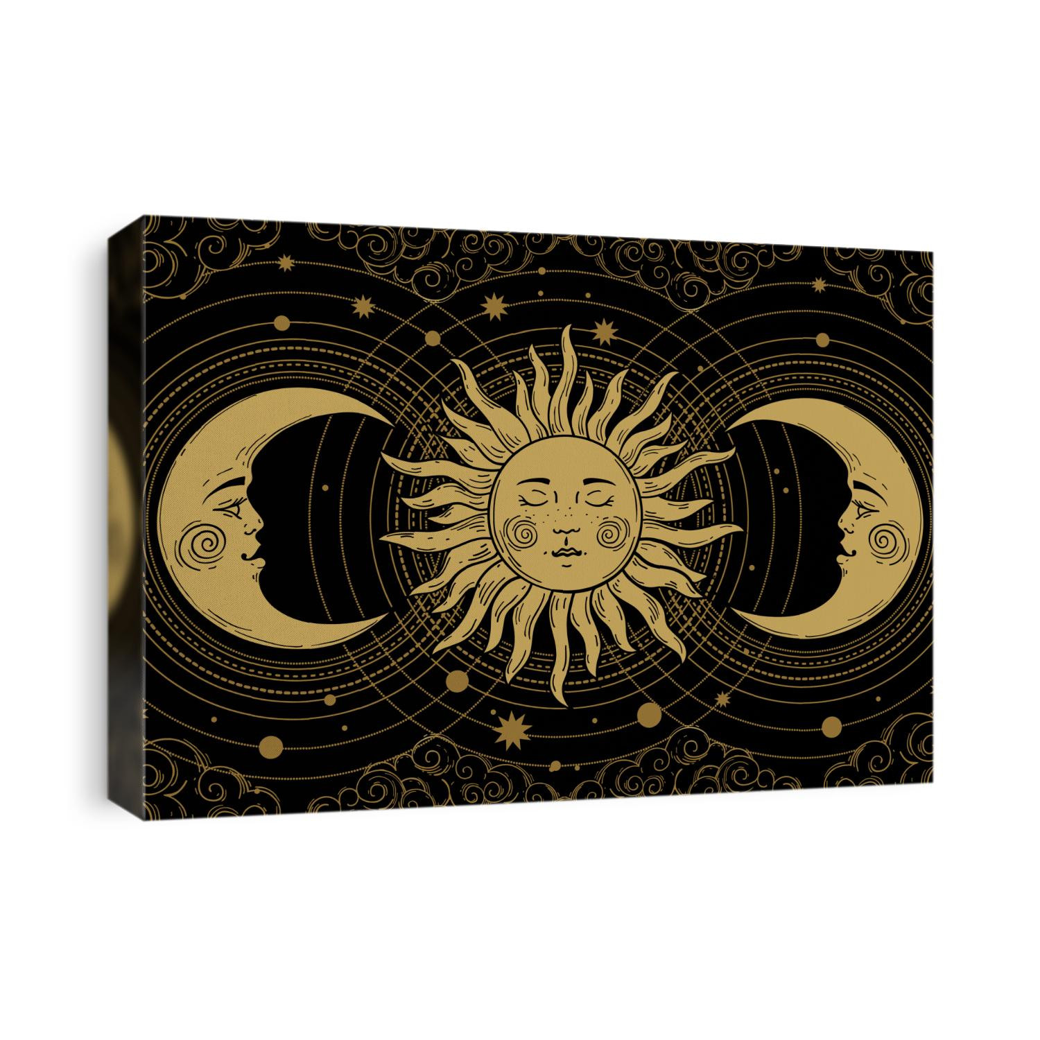 Mystical banner for astrology, tarot, boho design. Universe art, golden crescent and sun on a black background with clouds. Esoteric vector illustration, engraving