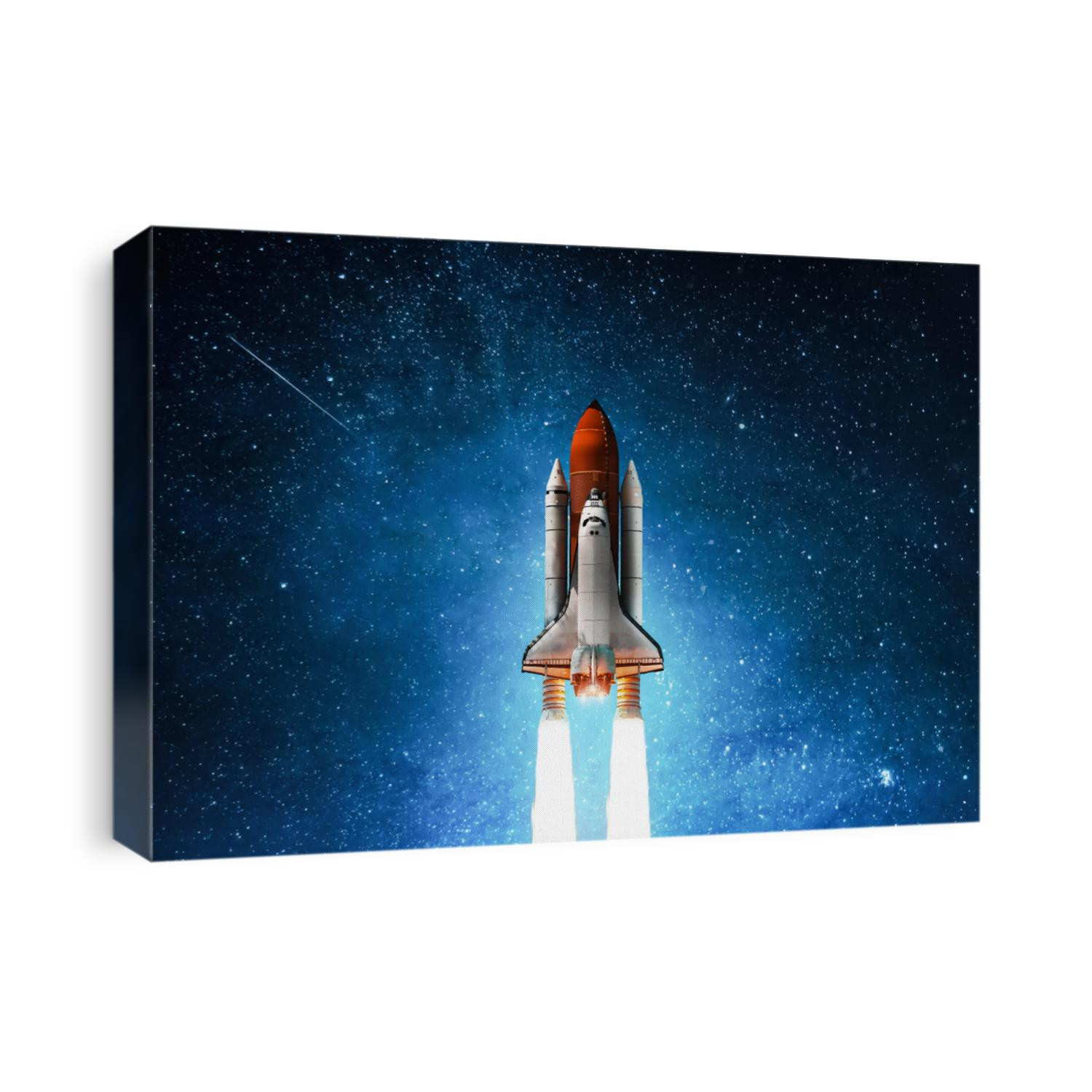 Spaceship in deep space. Starry sky and blue galactics. View on space shuttle and milky way. Elements of this image furnished by NASA