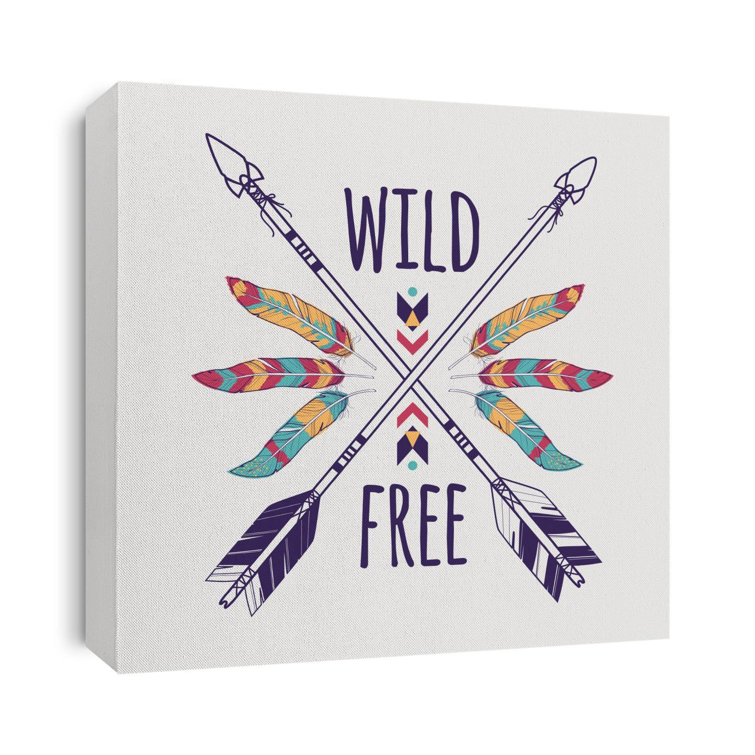 Vector colorful illustration with crossed ethnic arrows, feathers and tribal ornament. Boho and hippie style. American indian motifs. Wild and Free poster.