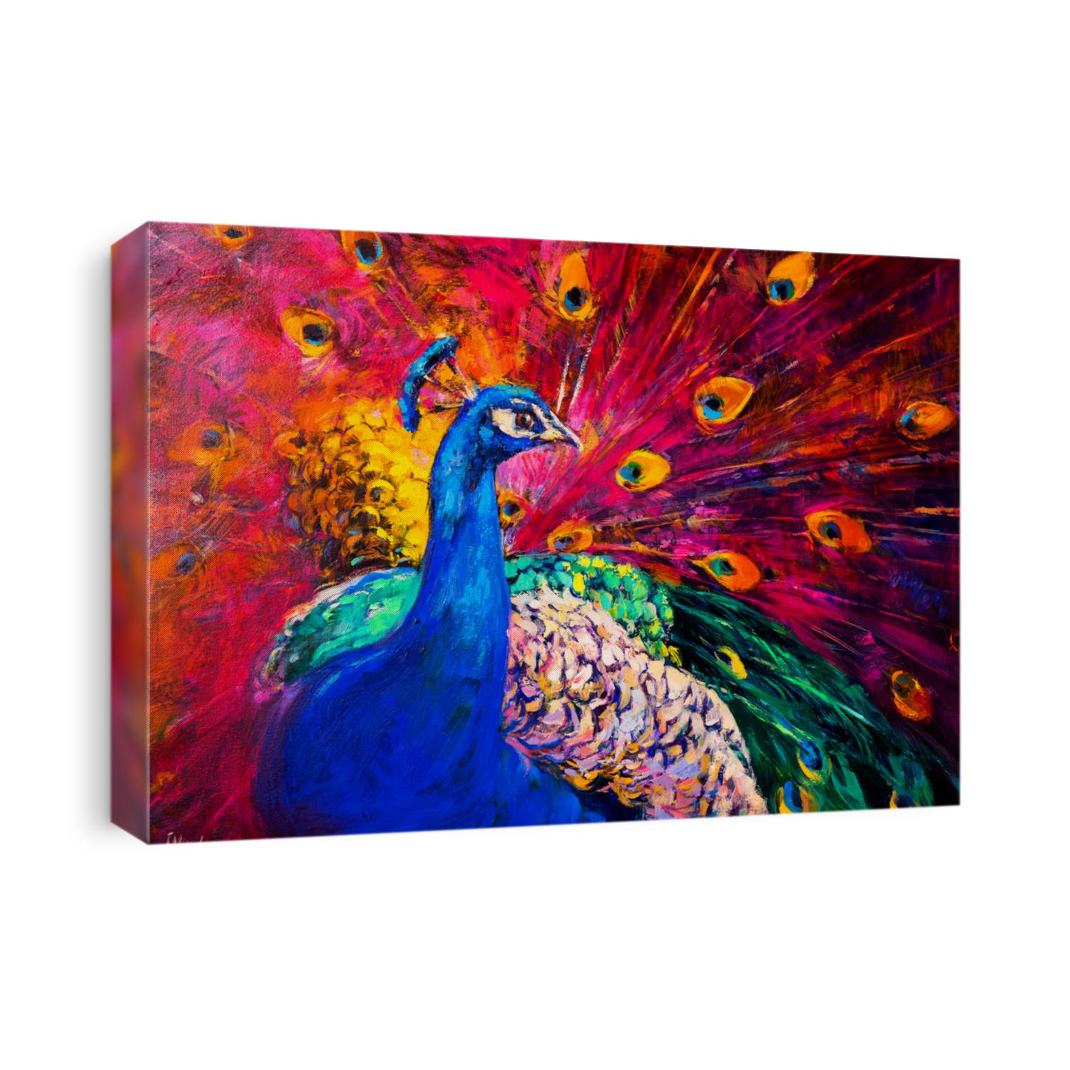 Original oil painting on canvas. Beautiful multicolored peacock. Modern art.