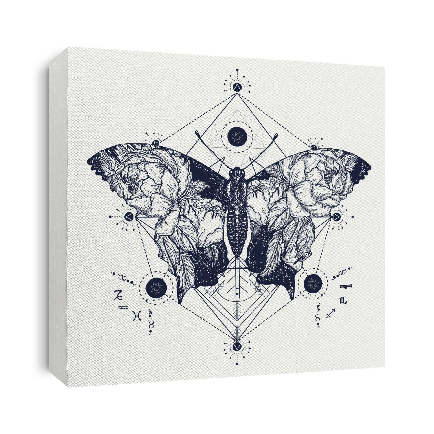 Butterfly double exposure tattoo in geometrical style. Symbol of freedom, travel 