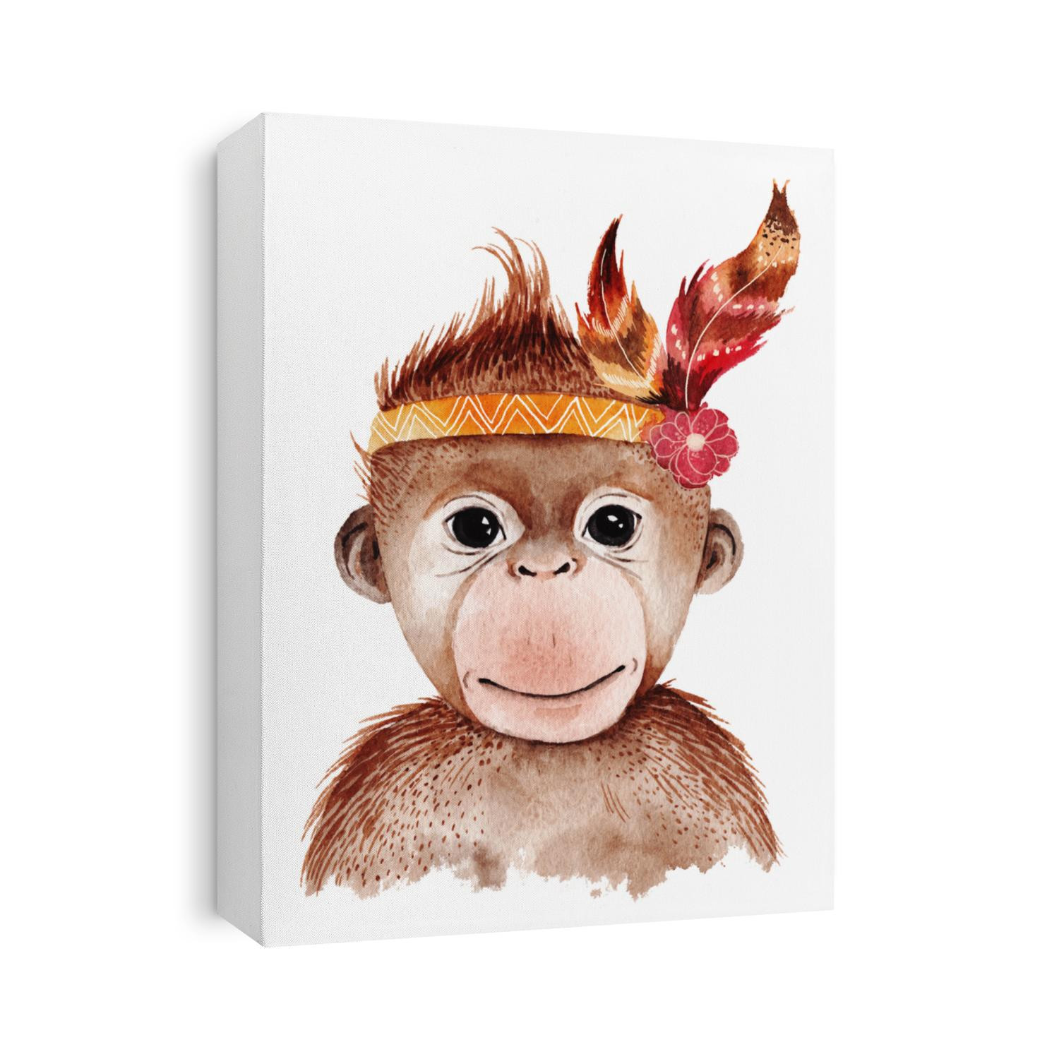 Watercolor monkey portrait, cute boho design with feathers. Nursery prints with animals , posters and postcards.
