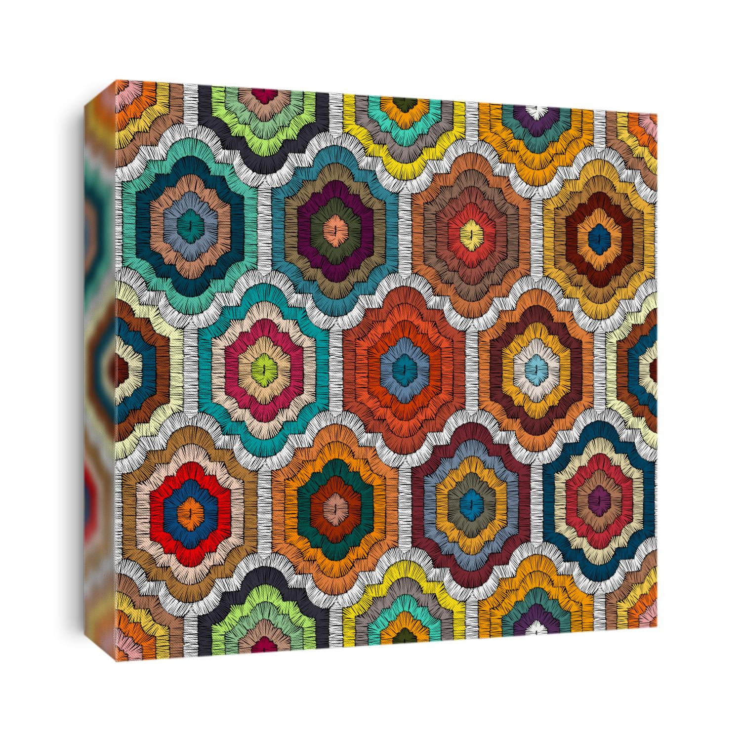 Seamless embroidered pattern in bohemian style. Geometric print patchwork for textiles. Handwork. Ethnic and tribal motifs. Vector illustration.