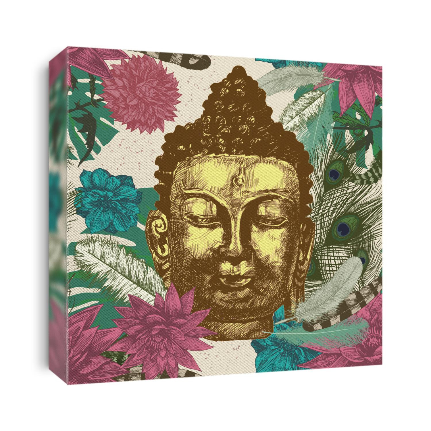 Seamless hand drawn pattern with Buddha head, leaves, flowers, feathers. Vector.