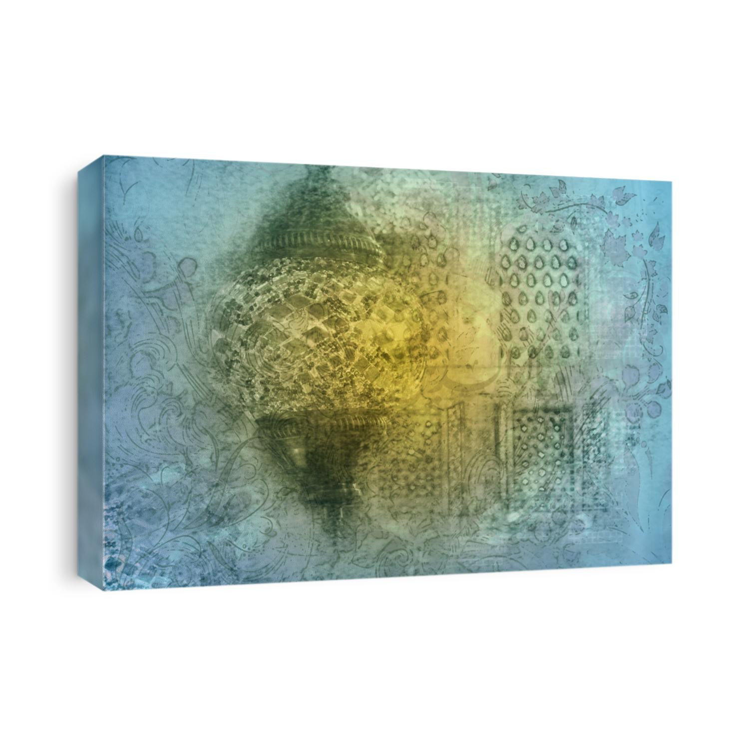 Ramadan islamic muslim oriental Background abstract artistic painting of mosque windows with arabic arabesque pattern, eid lantern and arabic calligraphy. Greeting card or wallpaper background.