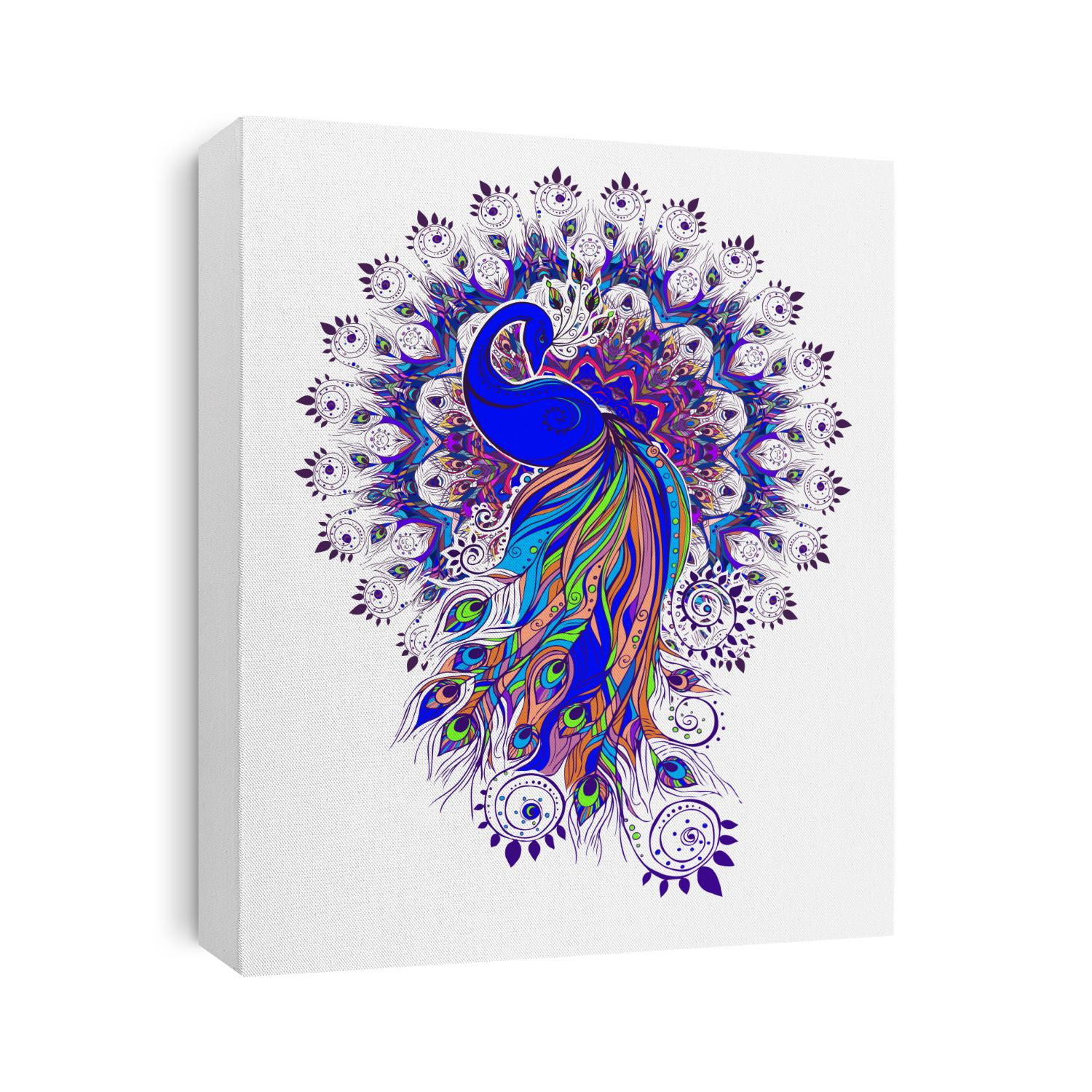 Greeting Beautiful card with peacock. Frame of peacock made in vector. Ordinary or Indian Blue Peacock feather color. Seamless hand drawn map