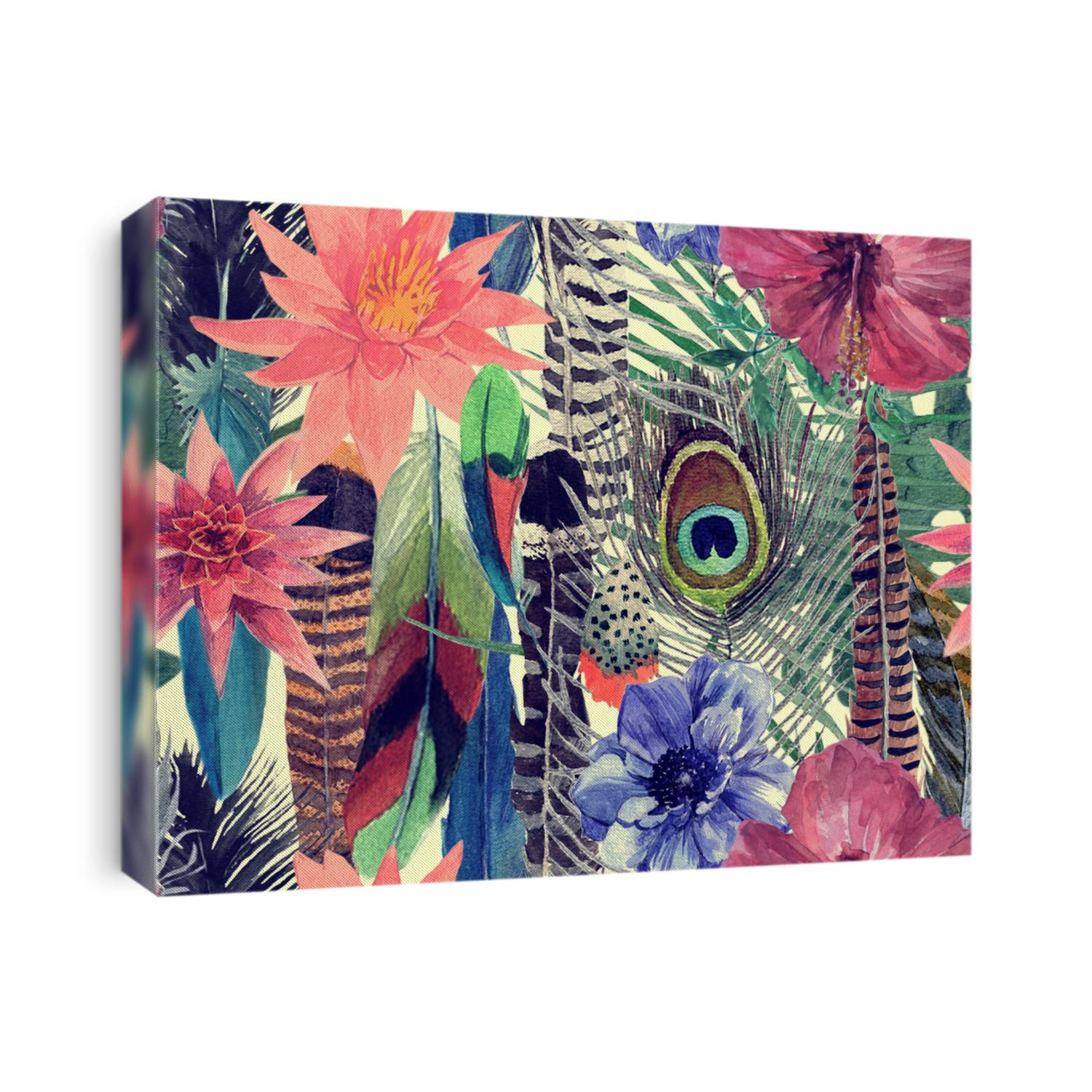 Hand drawn watercolor vintage ethnic style composition with feathers.