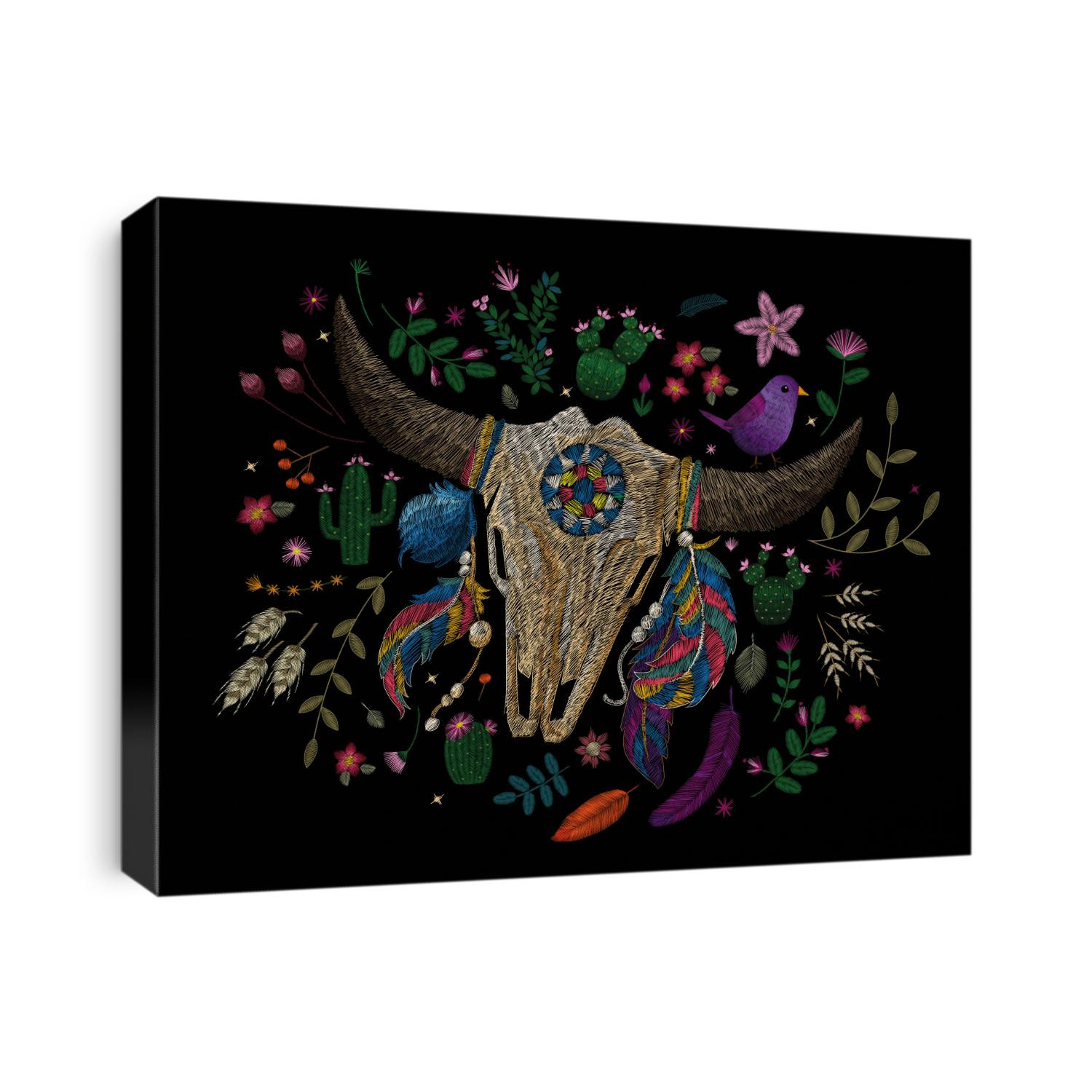 Cactus, flowers and skull of a cow with feathers. Traditional folk stylish stylish embroidery on the black background. Sketch for printing on fabric, clothing, bag, accessories and design. Vector
