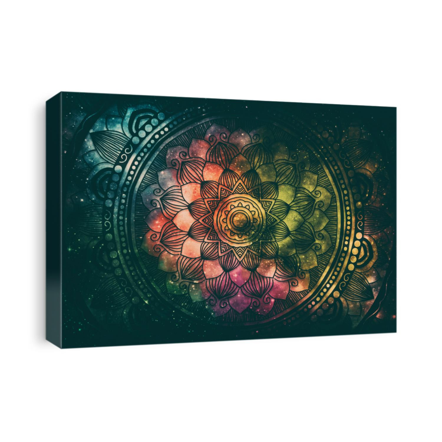 Abstract ancient geometric with star field and colorful galaxy background, watercolor digital art painting and mandala graphic design