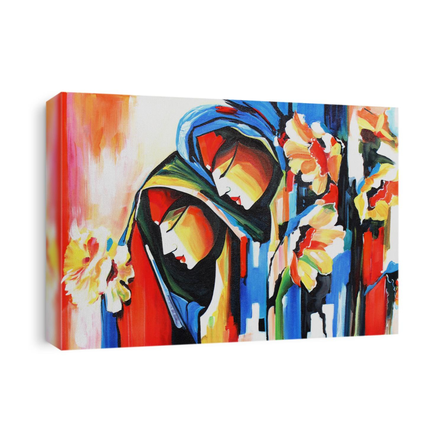 Lord Radha Krishna with flute Hindu religious abstract decorative pattern canvas acrylic oil painting. Textured Artwork Artistic 3D Wallpaper