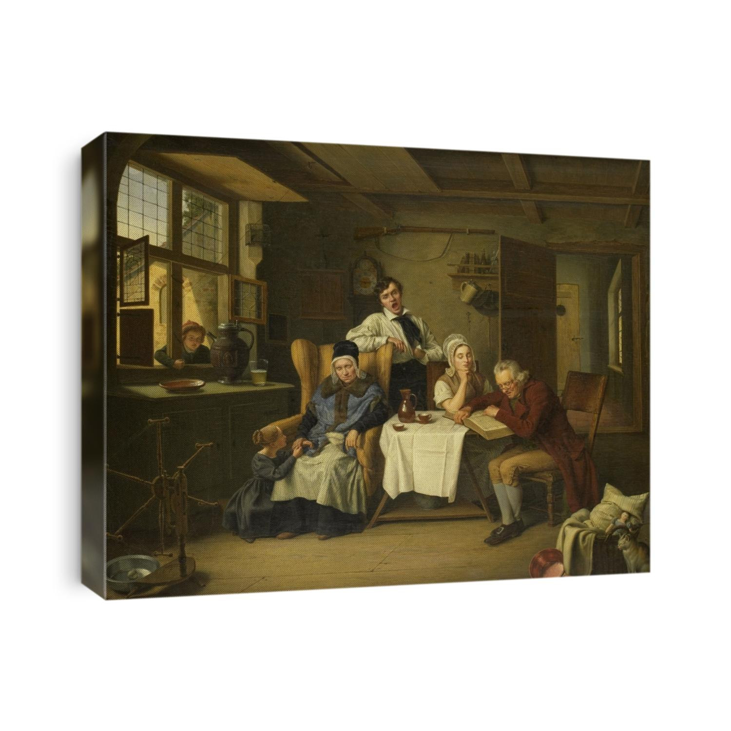 Bible Reading, by Eduard Karl Gustav Lebrecht Pistorius, 1831, Dutch painting, oil on canvas. Genre scene of family worship at home. The artist includes details in figure's expressions and household o
