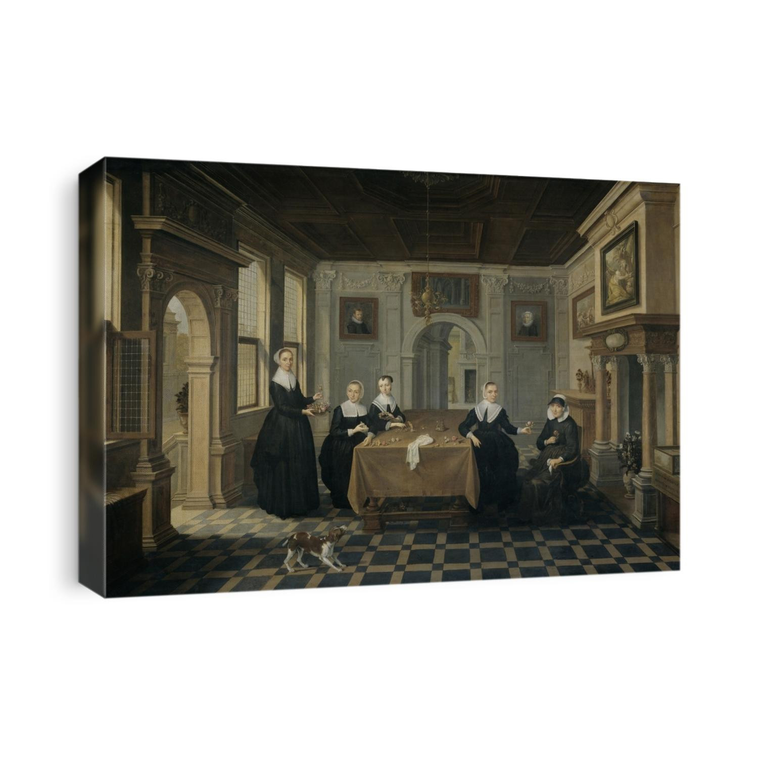 Five Ladies in an Interior, attributed to Dirck van Delen, 1630-52, Dutch painting, oil on panel. Four adult and one elderly women around a table in an elegant room with classical architectural featu