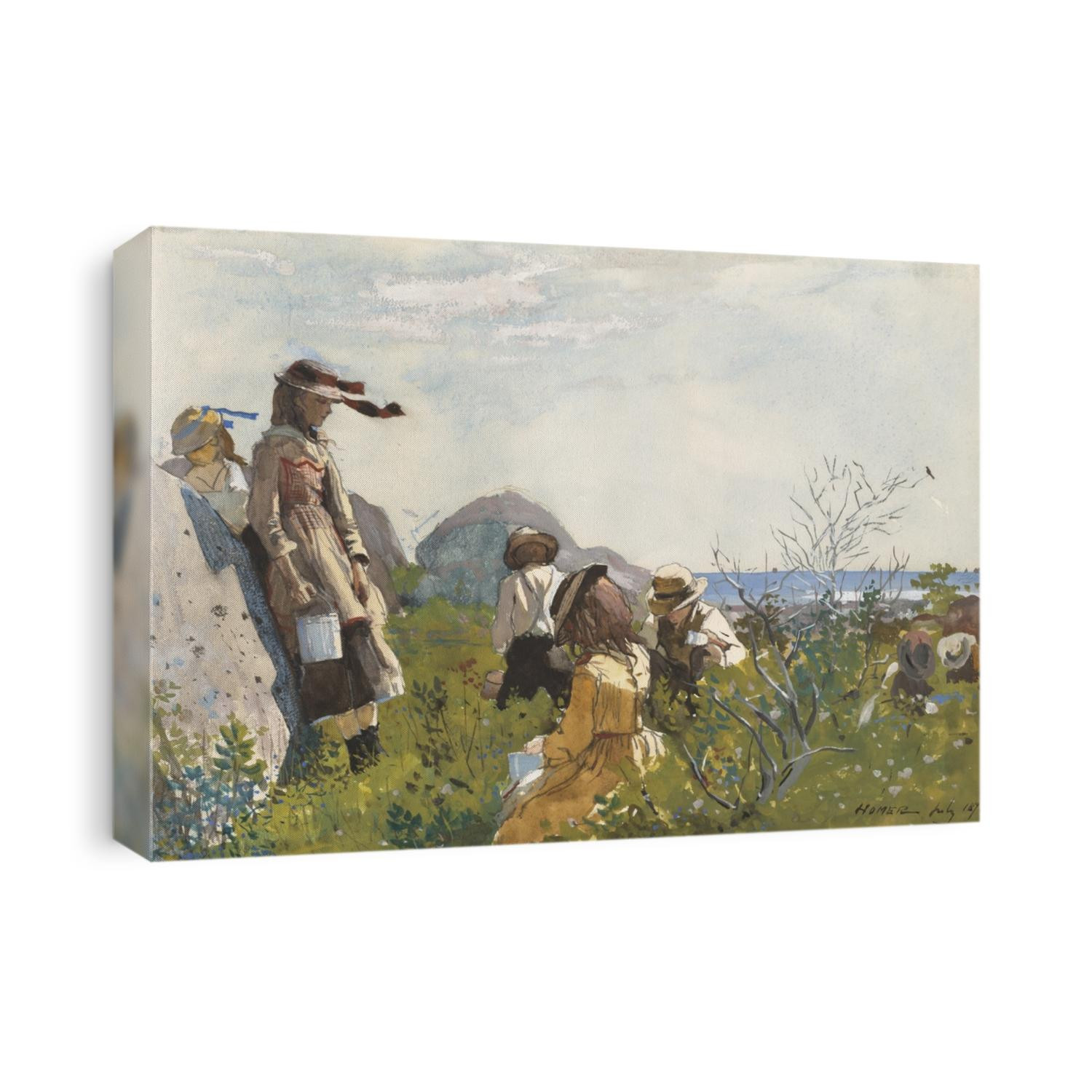 Berry Pickers, by Winslow Homer, 1873, American painting, watercolor on paper. Seven children with metal pails pick berries on the seashore