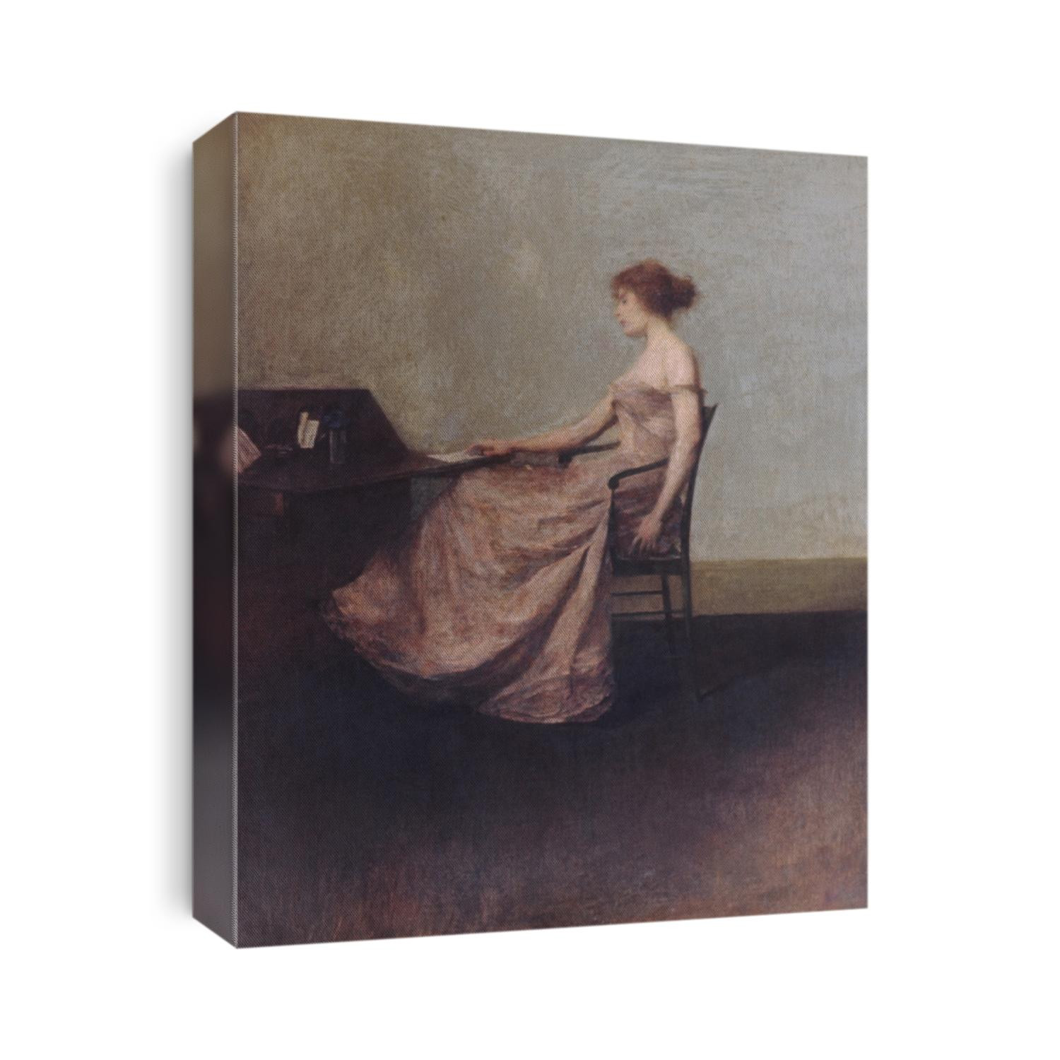 THE LETTER, by Thomas Wilmer Dewing, 1895-1900, American painting, oil on canvas. Portrait of a seated, elegant woman touching a letter on a desk in an austere interior