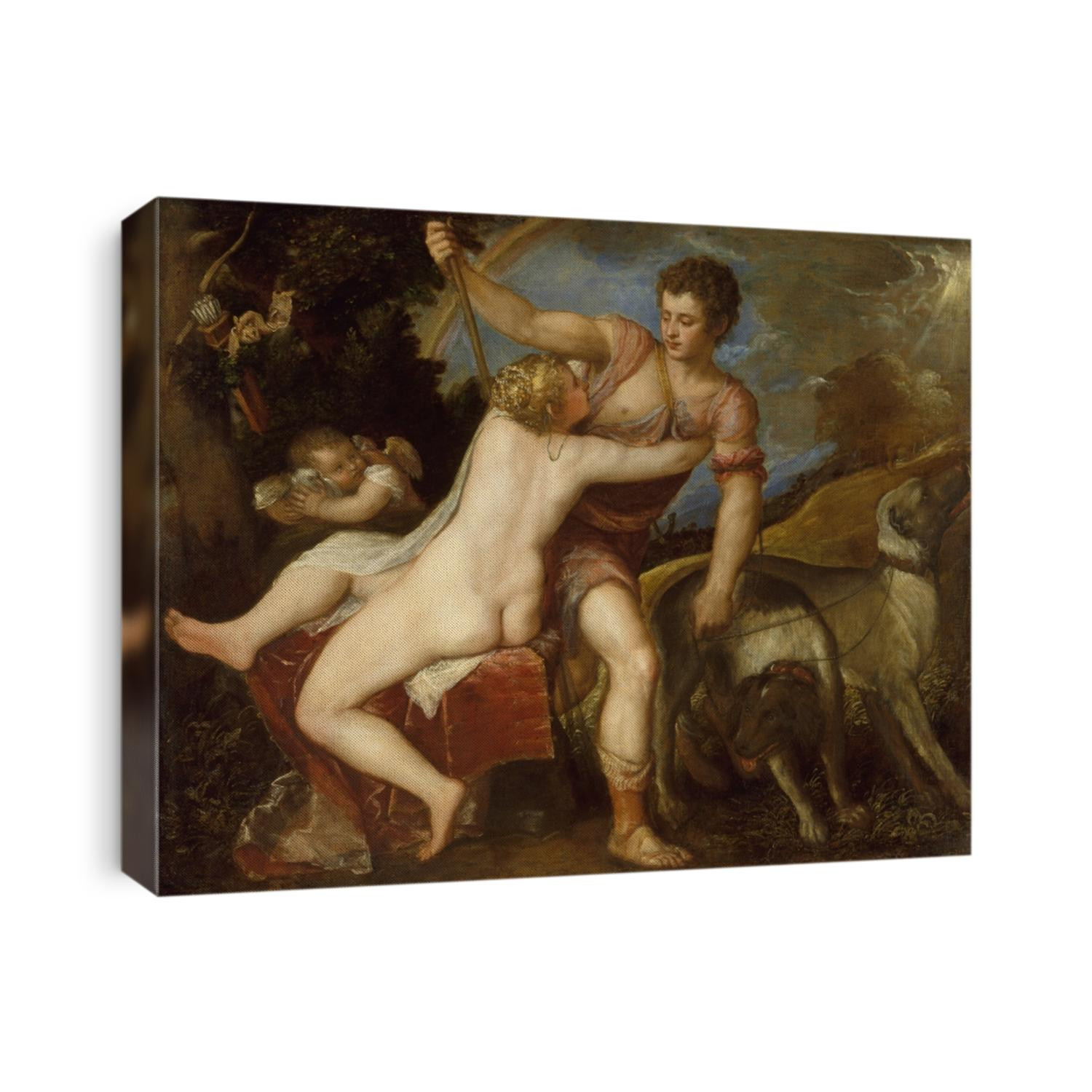 VENUS AND ADONIS, by Titian, 1545-75, Italian Renaissance painting, oil on canvas. Scene from Ovid\x90s METAMORPHOSES, in which Venus begs the hunter Adonis not to leave, warning him of danger.