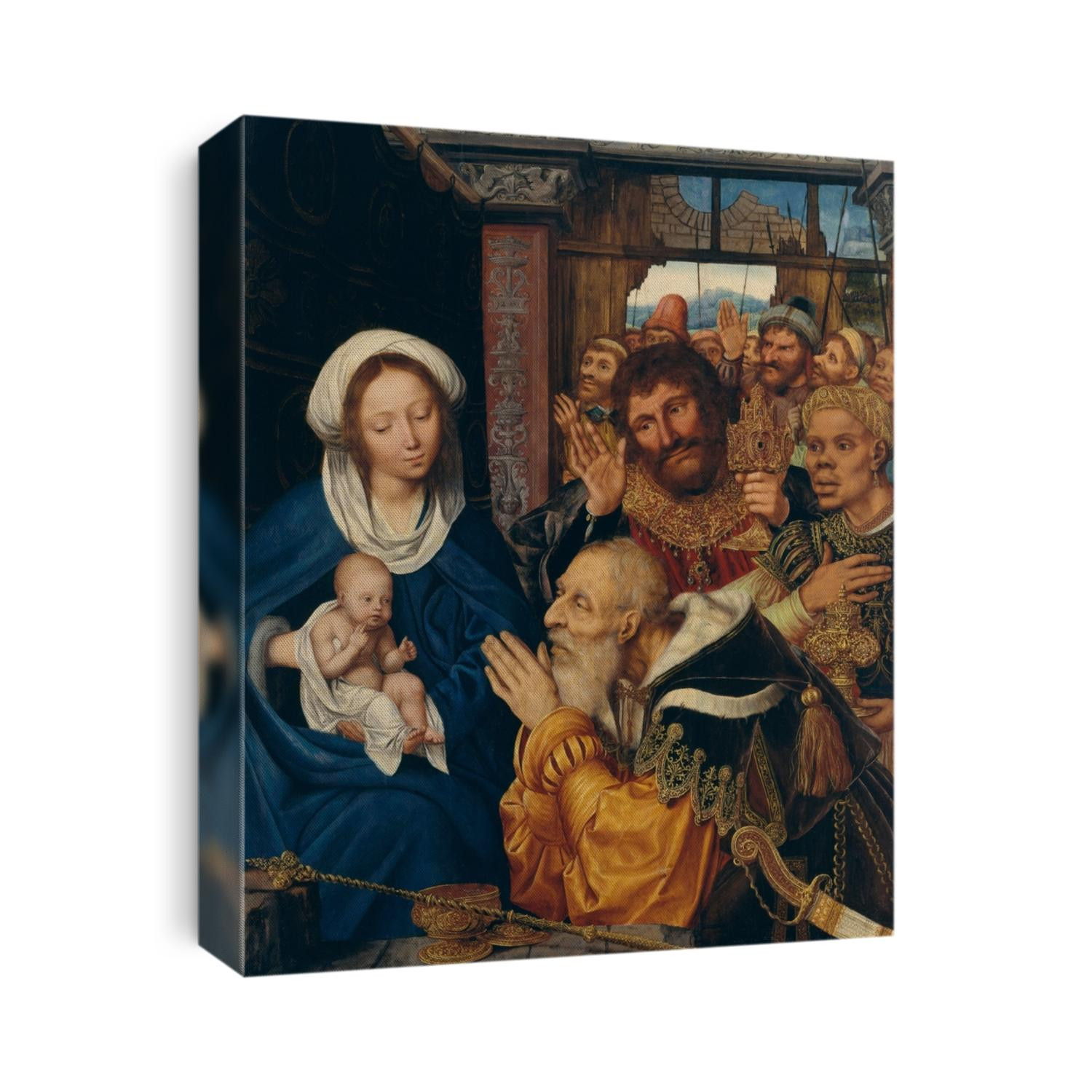 THE ADORATION OF THE MAGI, by Quentin Metsys, 1526, Netherlandish, Northern Renaissance oil painting. The scene is viewed up close, with figures separated from the viewer by a ledge at bottom.