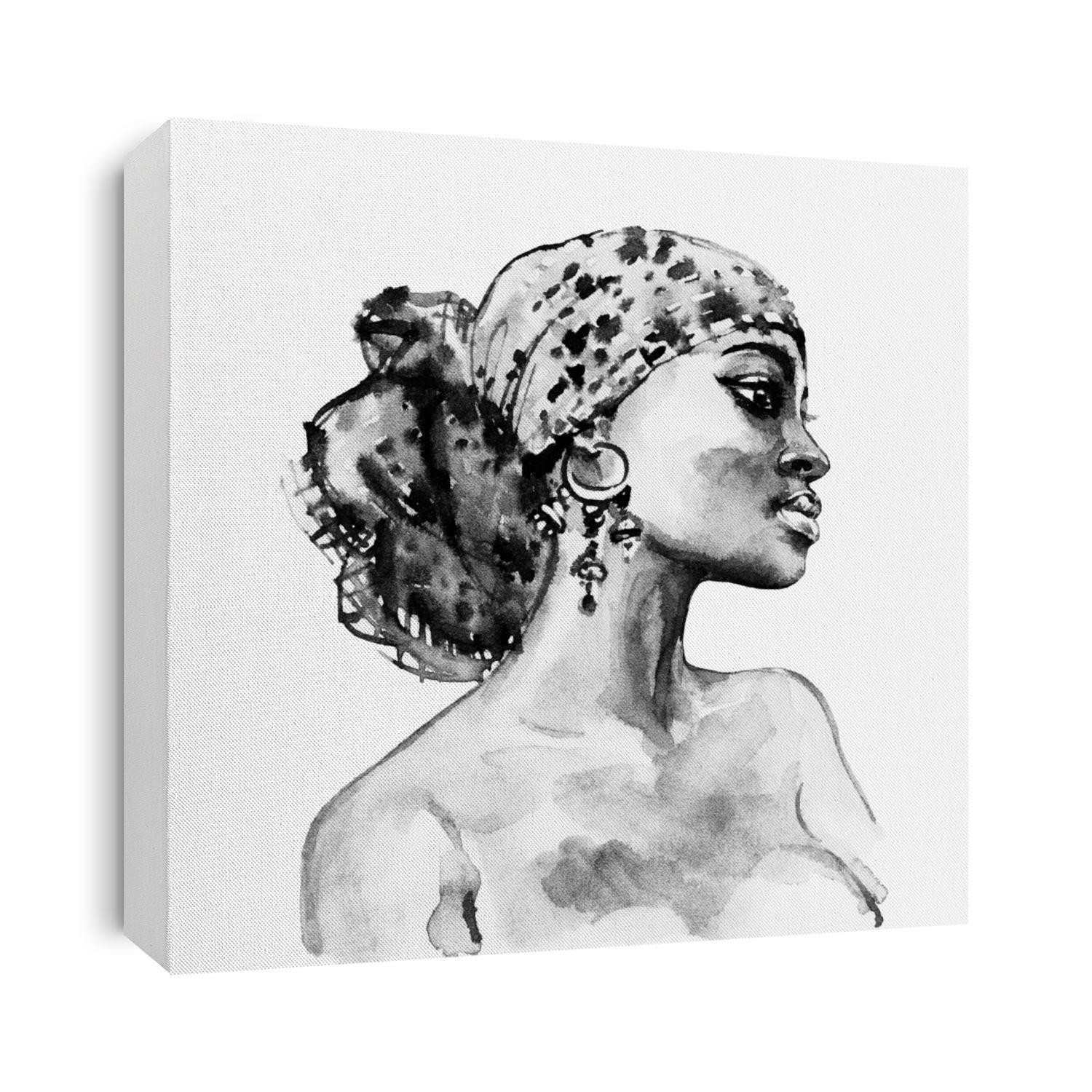 Watercolor beauty african woman. Painting fashion illustration. Hand drawn portrait of pretty girl on white background