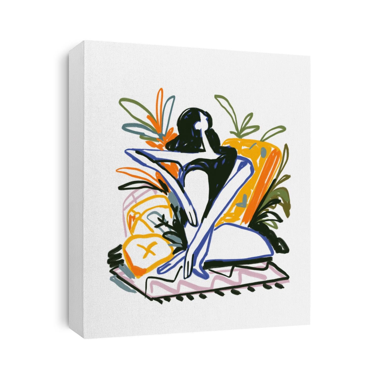 Abstract Woman Sitting at home with pillow and plant. Abstract expressionism painting. Raoul dufy Vibe. Illustration for Print and Poster.