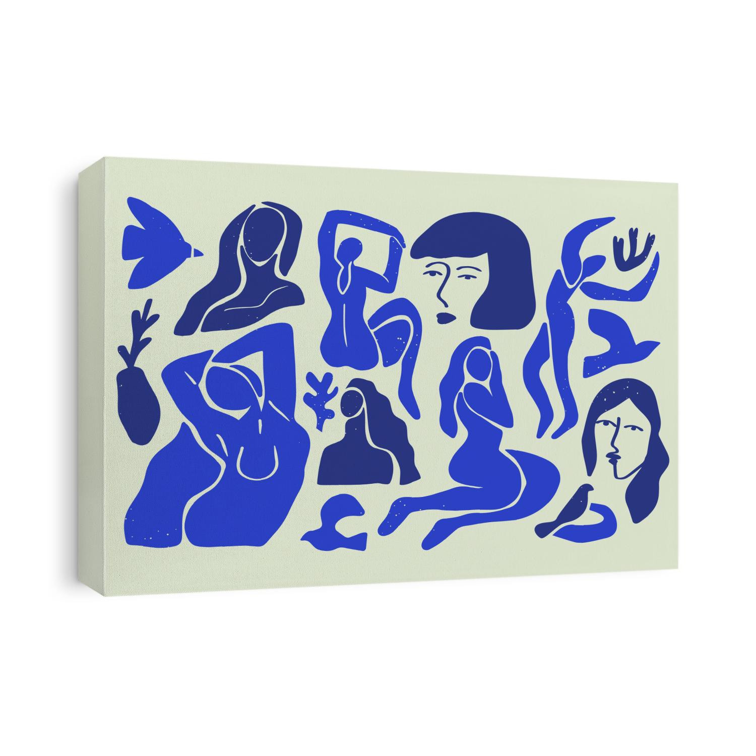Set of abstract blue women illustration collection. Big bundle of flat cartoon woman figures, young vintage matisse art female body studies. Beautiful fine artwork for fashion or modern trend project.