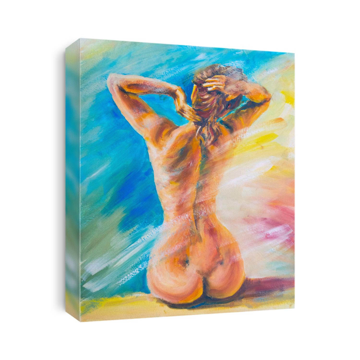 Beautiful naked woman sitting. Oil Painting.