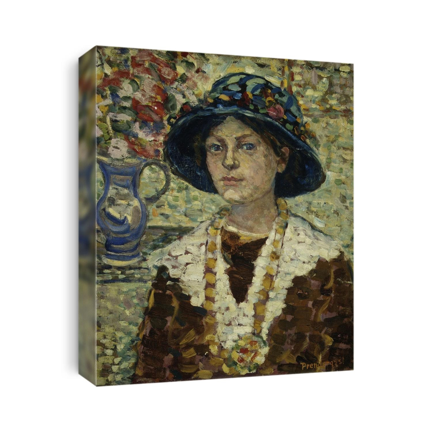 PORTRAIT OF A GIRL WITH FLOWERS, by Maurice Brazil Prendergast, 1900_01, Canadian-American oil painting. Painted when the artist was part of THE EIGHT, a group of mostly realist artists in rebellion a