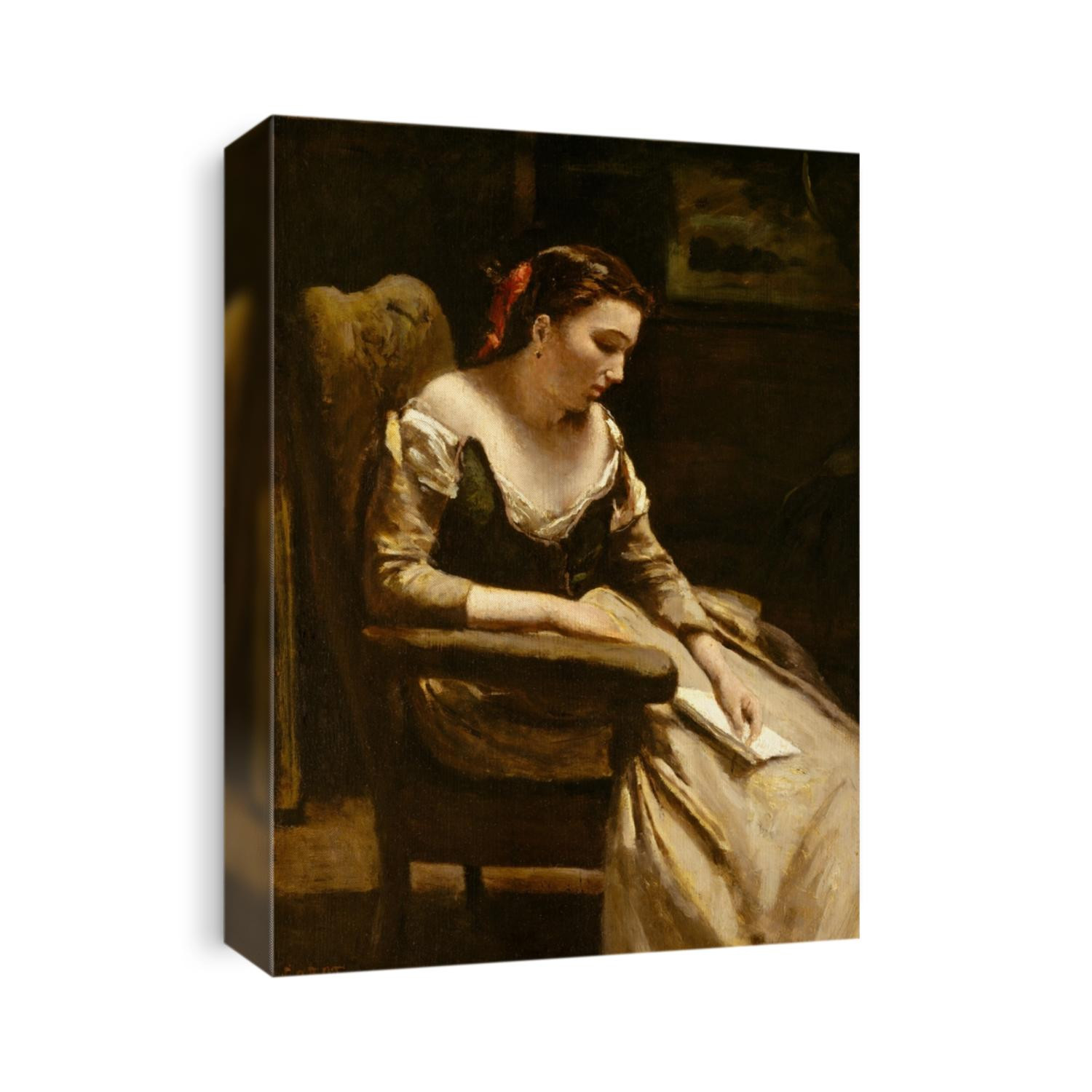 THE LETTER, by Camille Corot, 1865, French painting, oil on wood. Corot painted this figure with stronger lights and shadow than most for his works