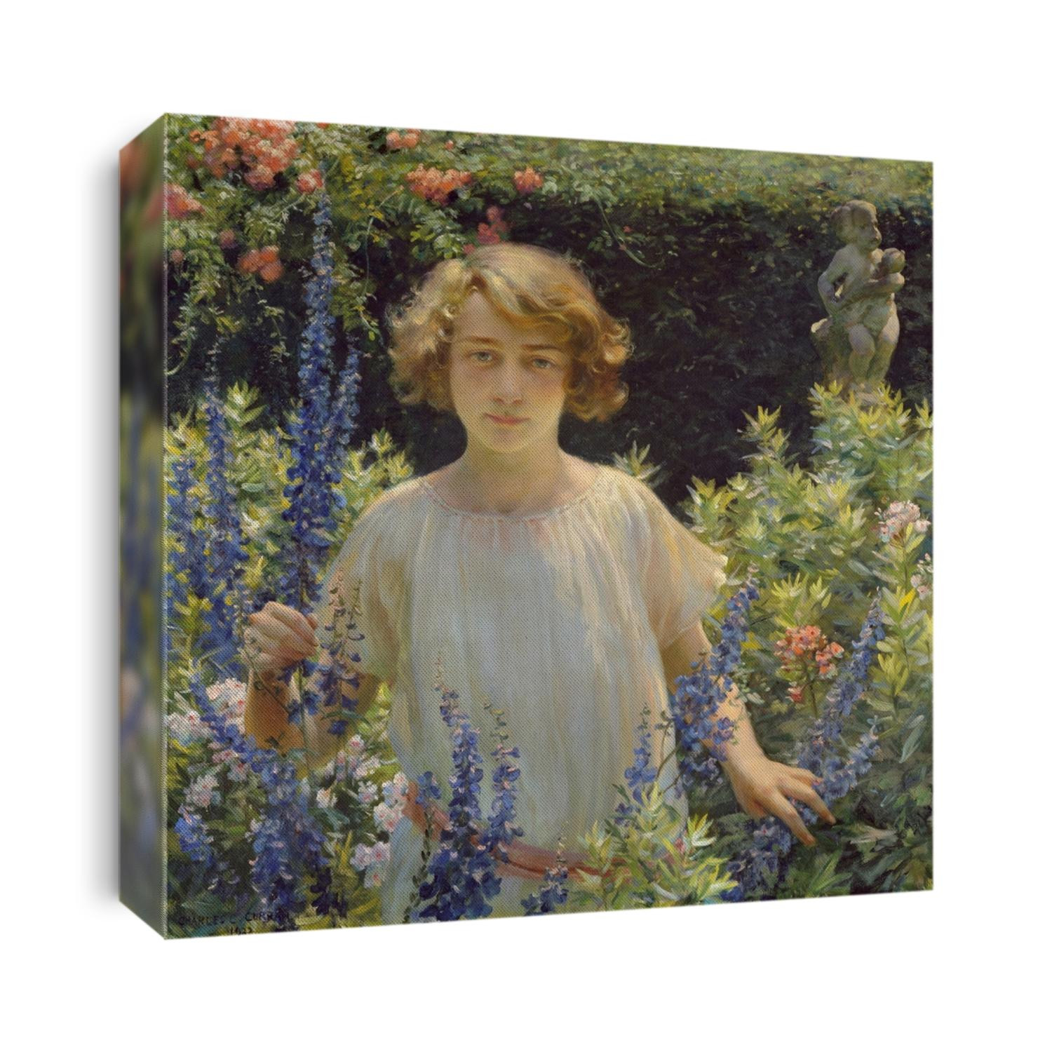 BETTY GALLOWHUR, by Charles Courtney Curran, 1922, American painting, oil on canvas. Curran painted the girl dressed in white posed in brilliant sunshine. His academic style combined impressionist col