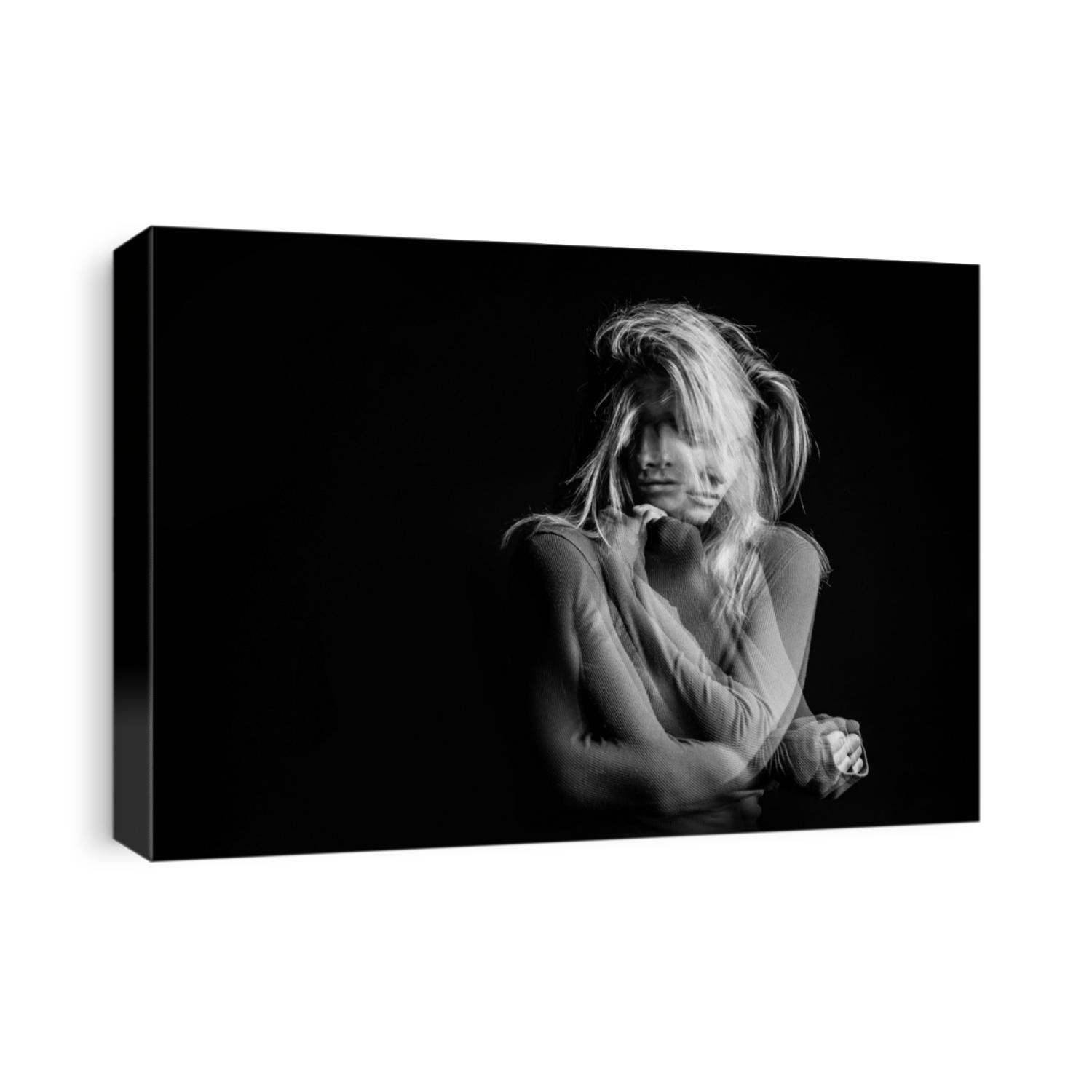 Emotional dreamy woman portrait triple Multiple exposure black and white photo. Hug support and love emotions