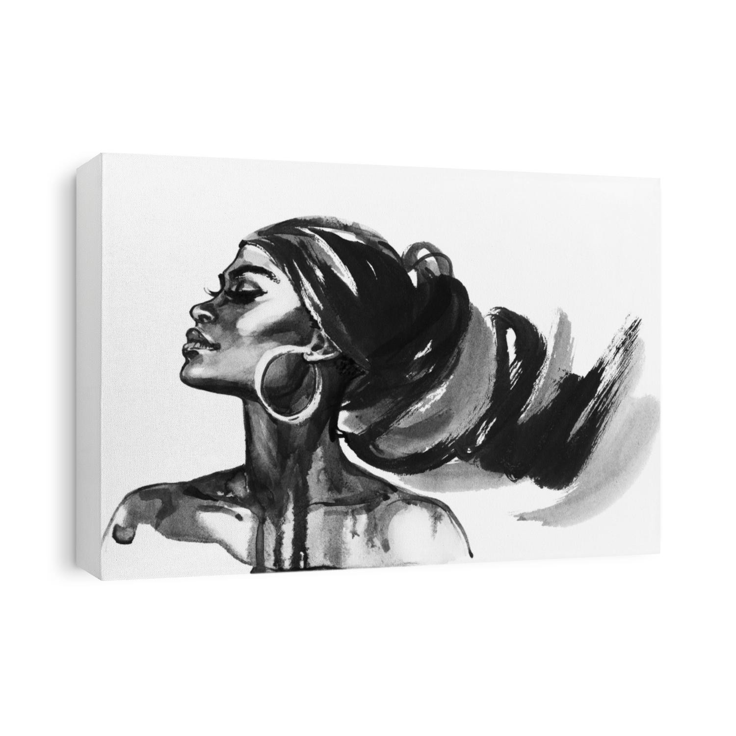 Watercolor beauty african woman. Painting fashion illustration. Hand drawn portrait of pretty girl on white background