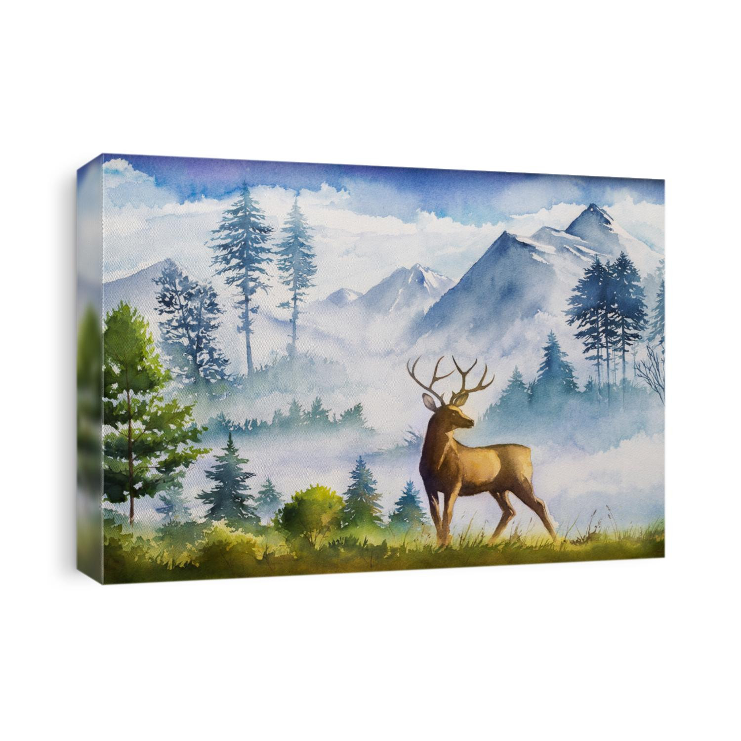 Watercolor landscape. Mountains, forest and deer.