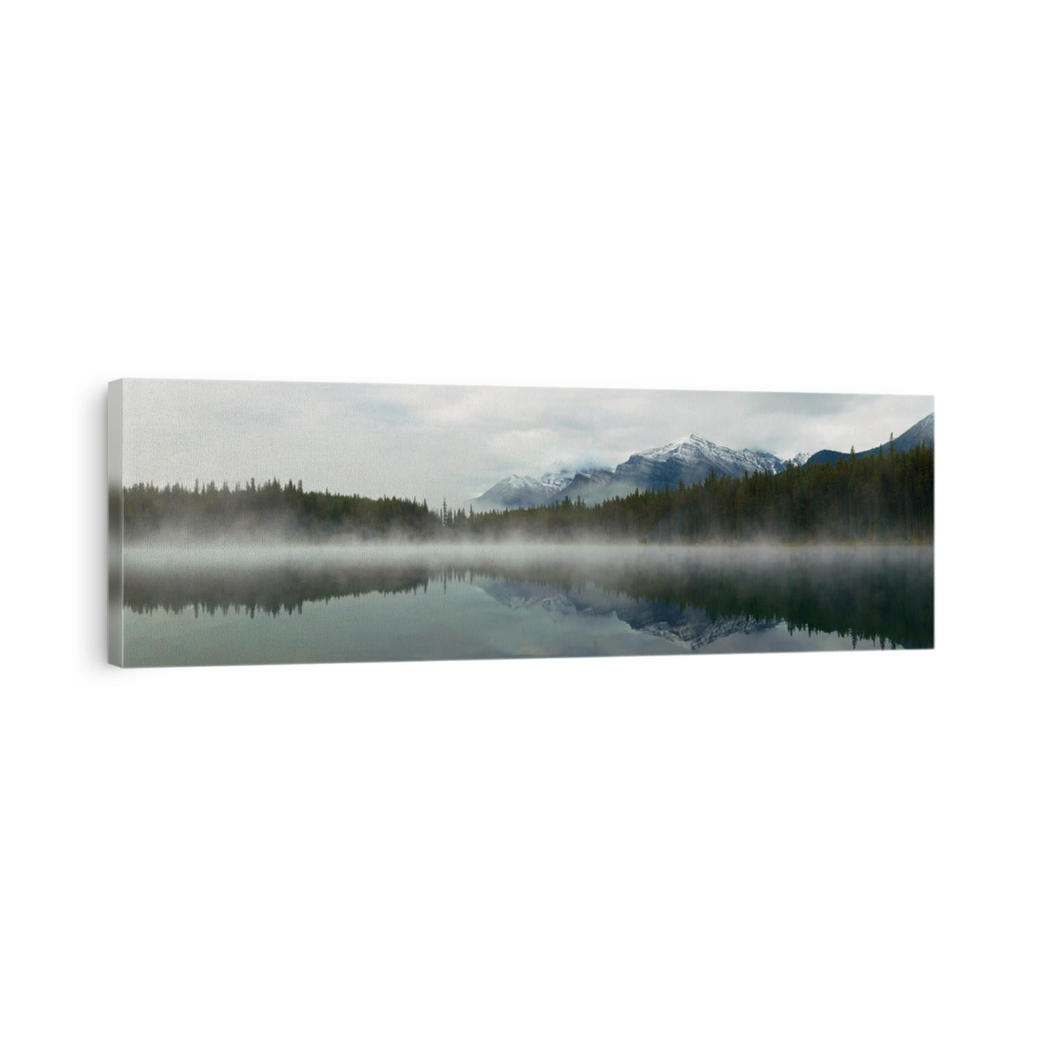 Lake Herbert panorama in a foggy morning with glaciers mountain and reflection in Banff National Park, Canada
