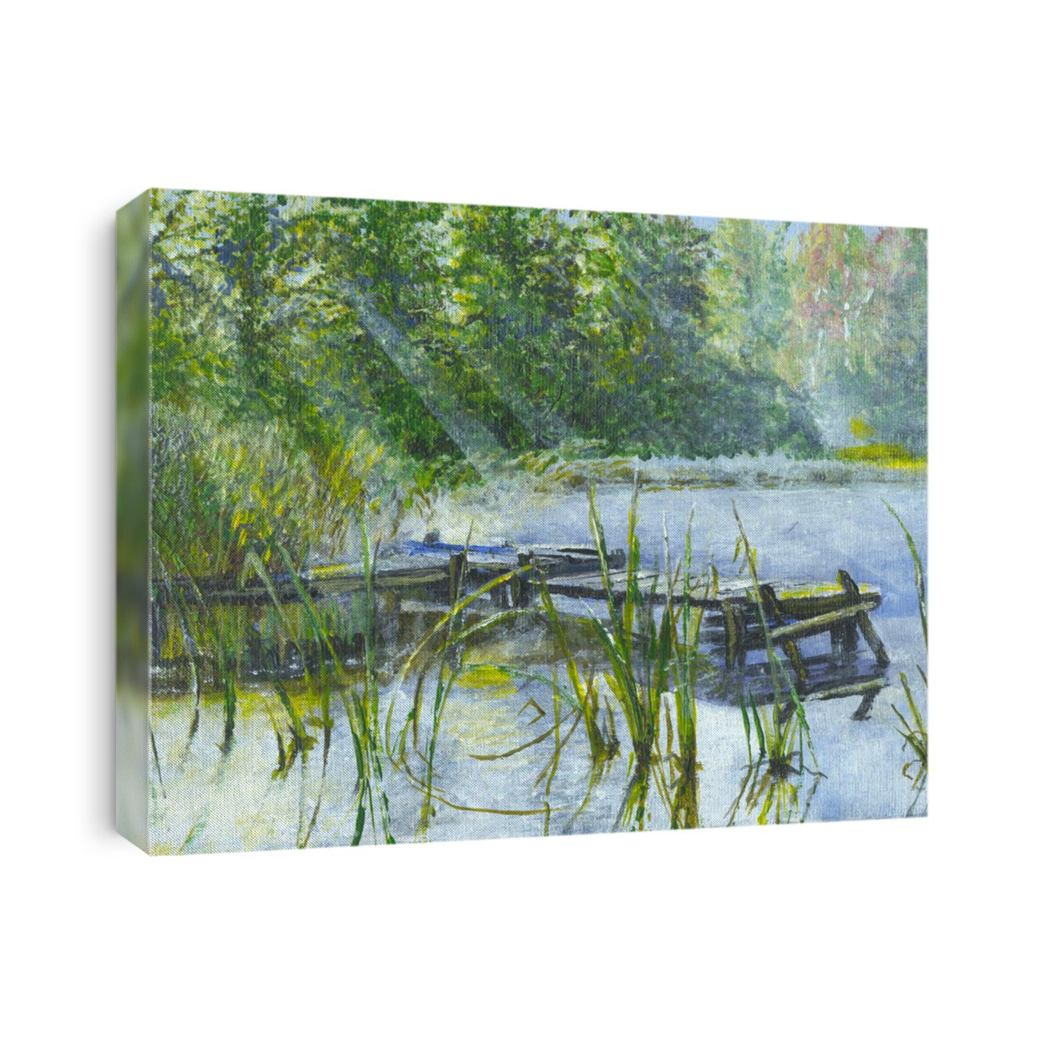 Painting landscape, lake in the forest