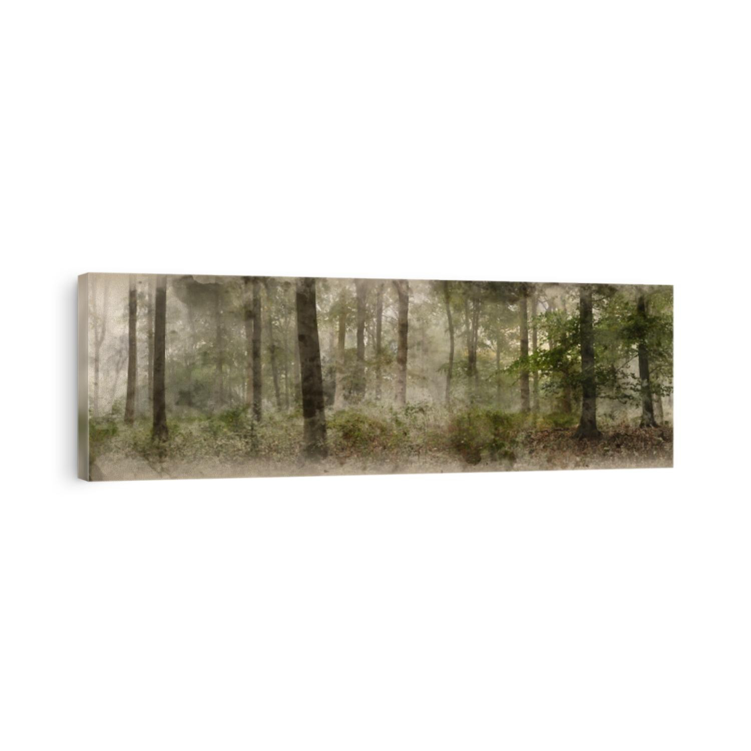 Digital watercolor painting of Panorama landscape image of Wendover Woods on foggy Autumn Morning.