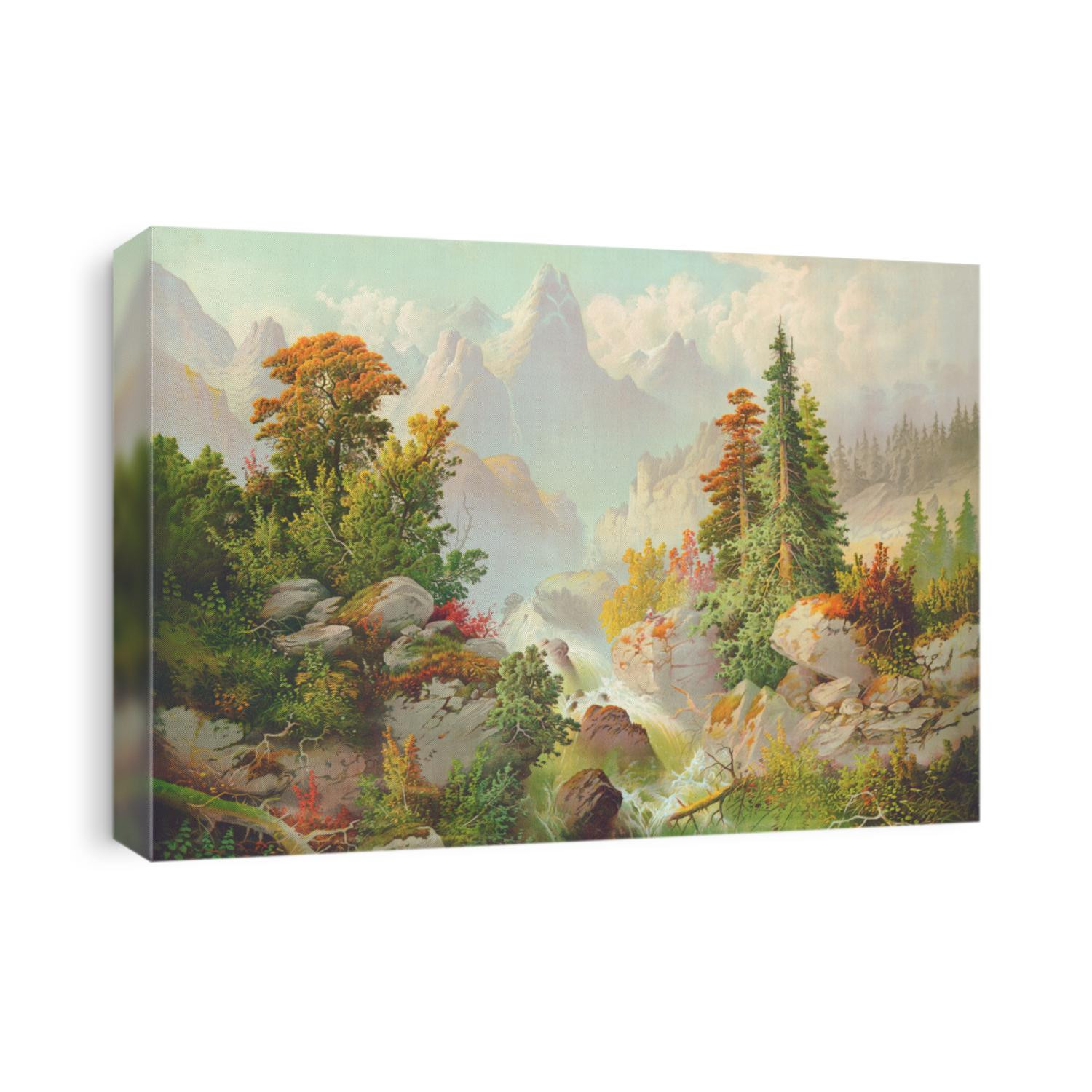 Vintage Nature Landscape Scene With Trees Mountains River Sky