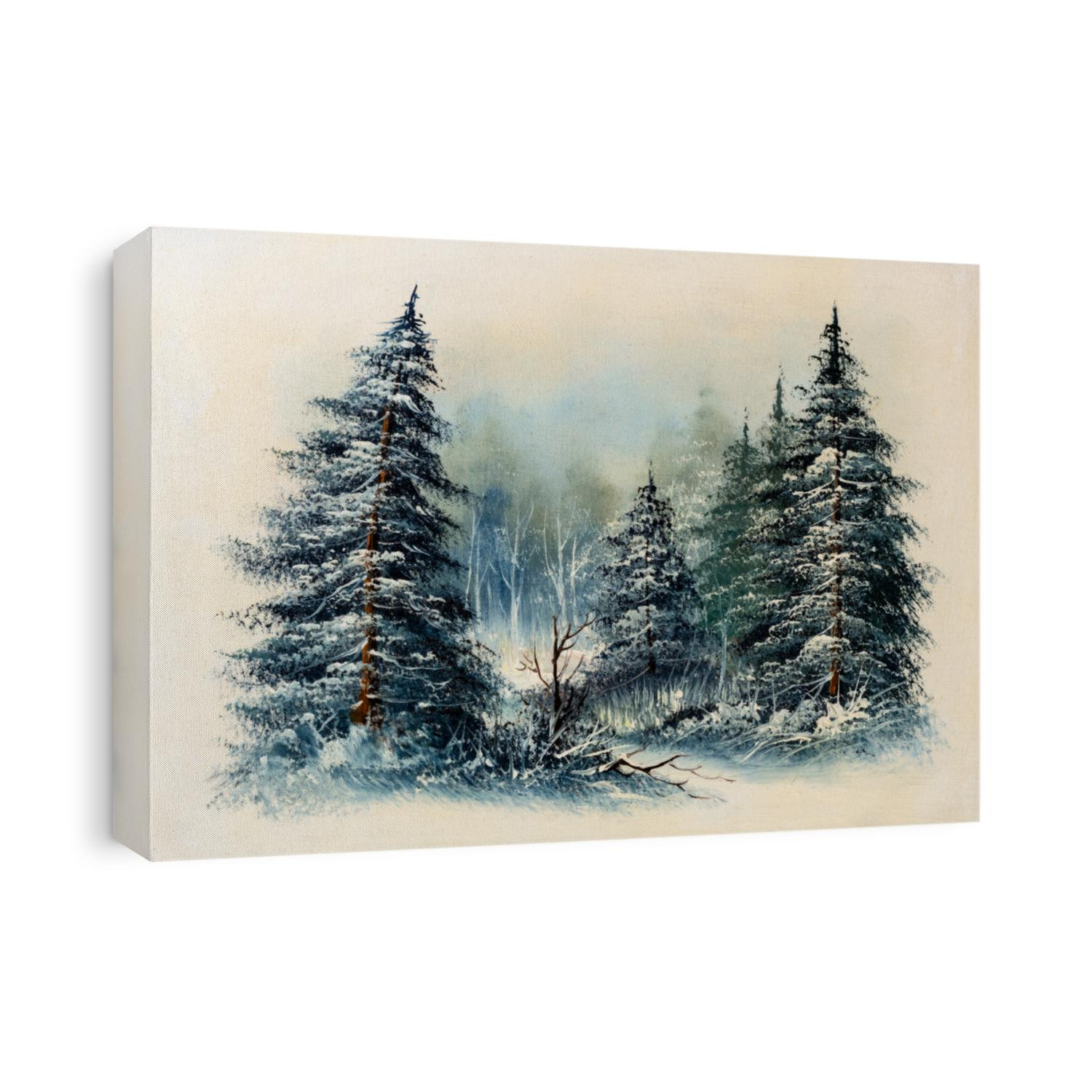 Evergreen pine trees snow covered in forest, winter scene oil painting. Christmas concept.