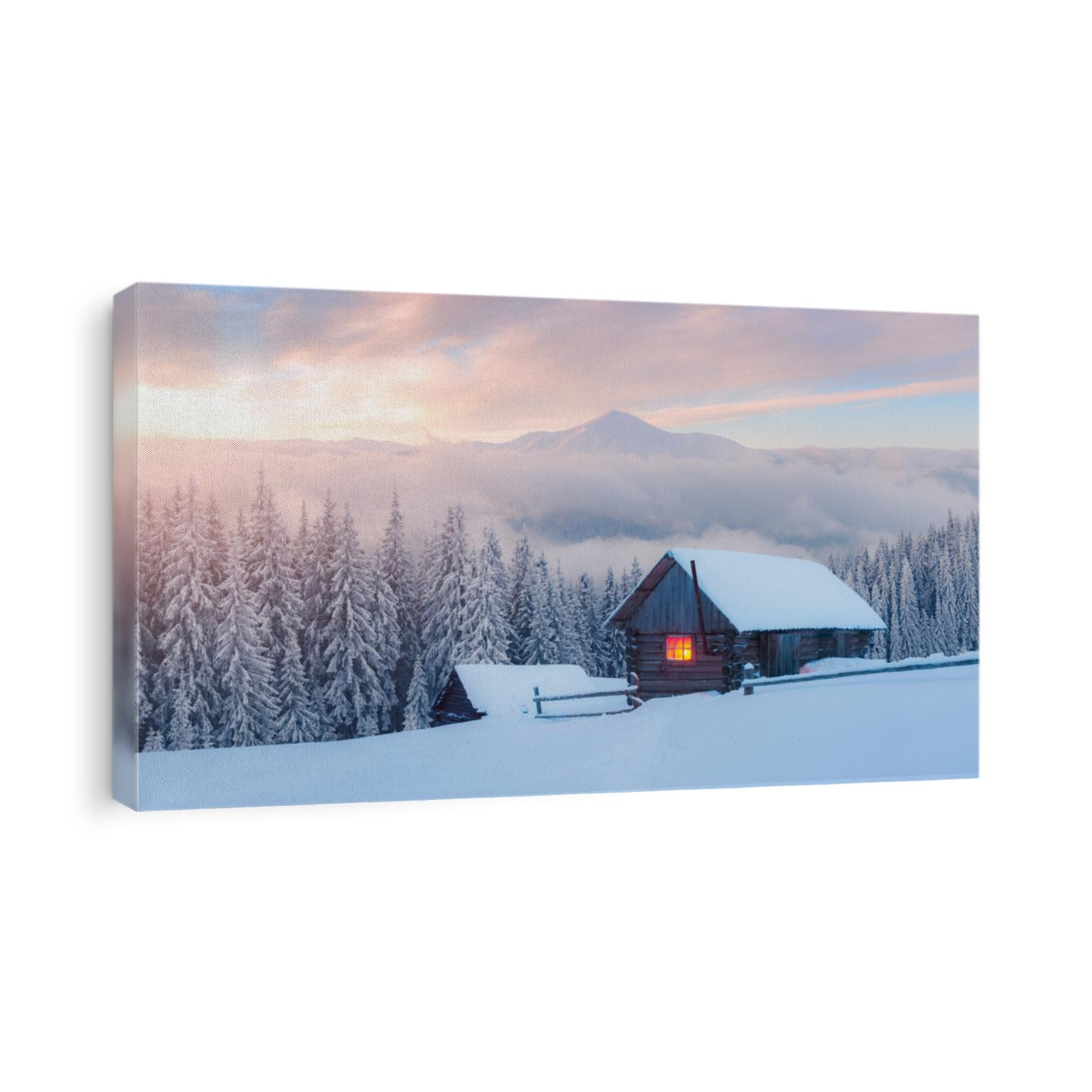 Fantastic winter landscape with wooden house in snowy mountains. Hight mountain peaks in foggy sunset sky. Christmas and winter vacations holiday concept