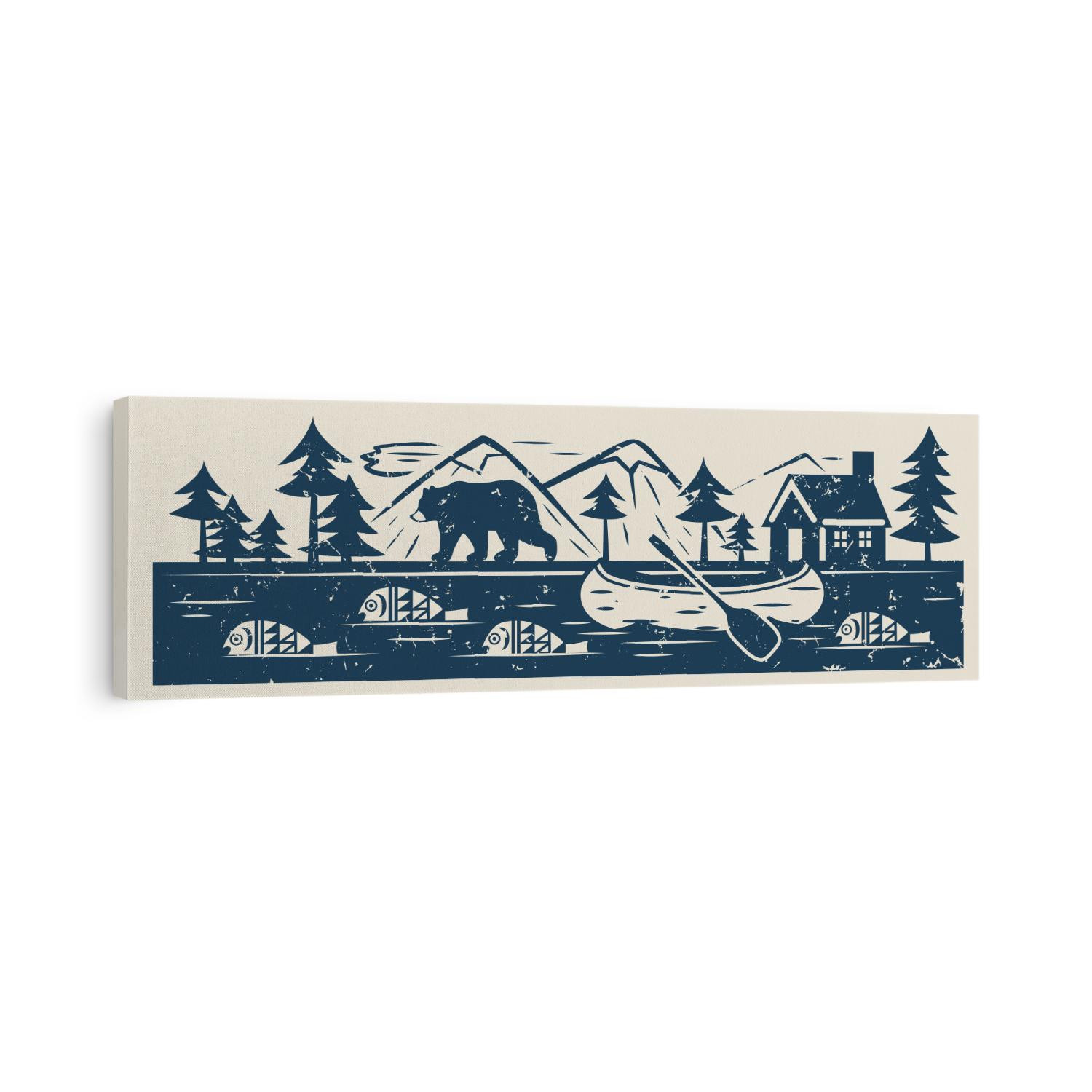
 River or lake, fish, canoe, bear, forest, mountains and  lodge on the shore. Vector vintage illustration. 
