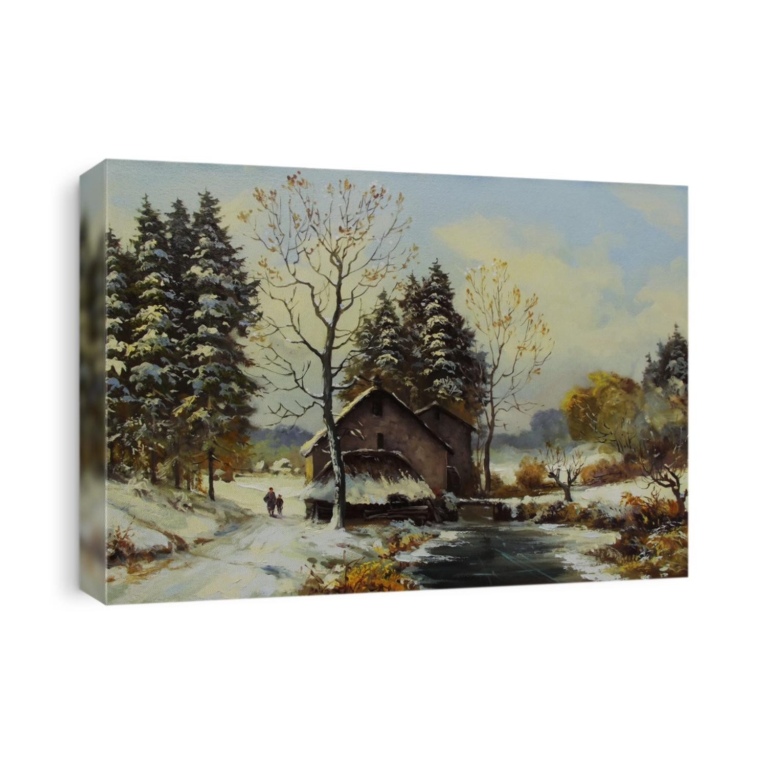old water mill near a frozen river and snow-covered trees,oil painting, fine art, mill, rural landscape, winter, snow, trees, nature