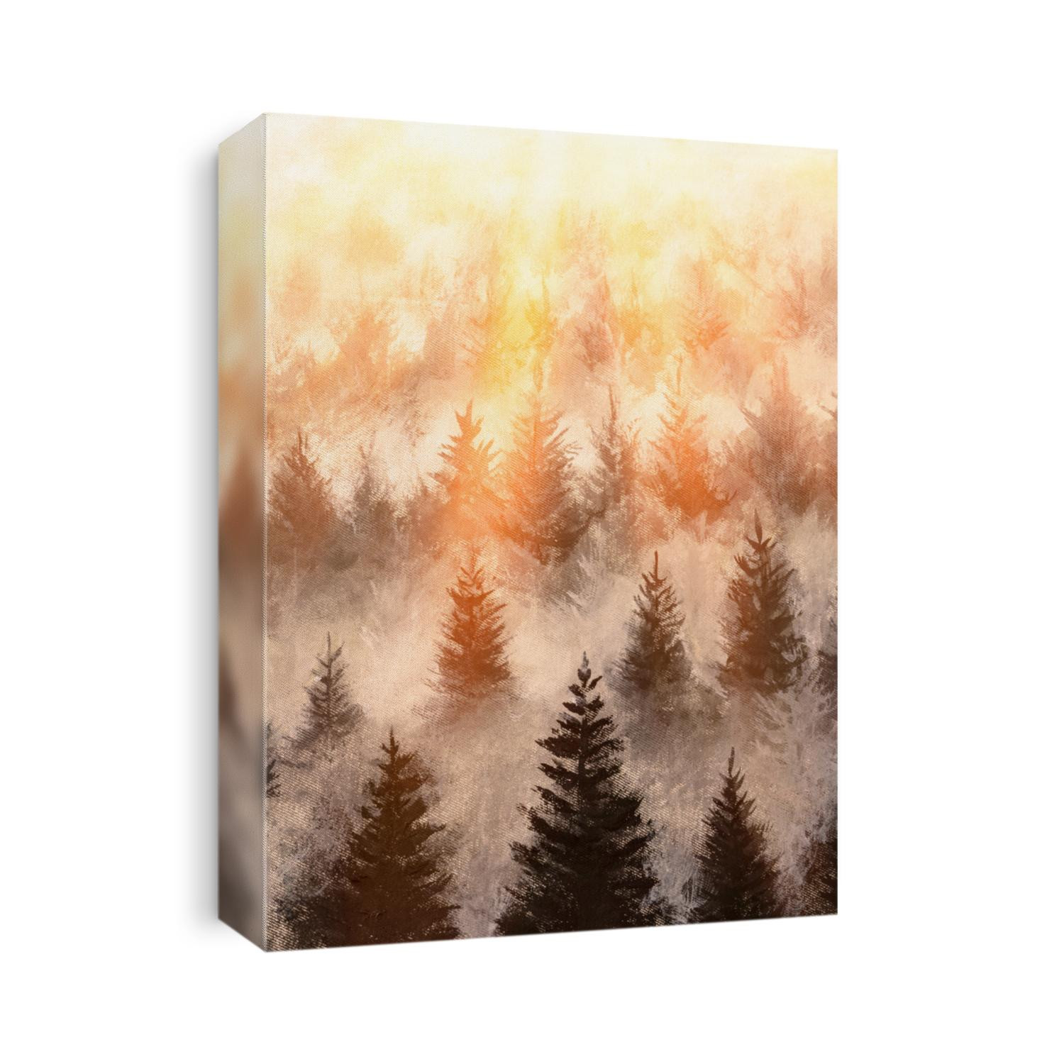 oil painting Landscape misty. Fantastic dreamy sunrise on rocky mountains with view into misty valley below fairy landscape. Foggy forest hills.