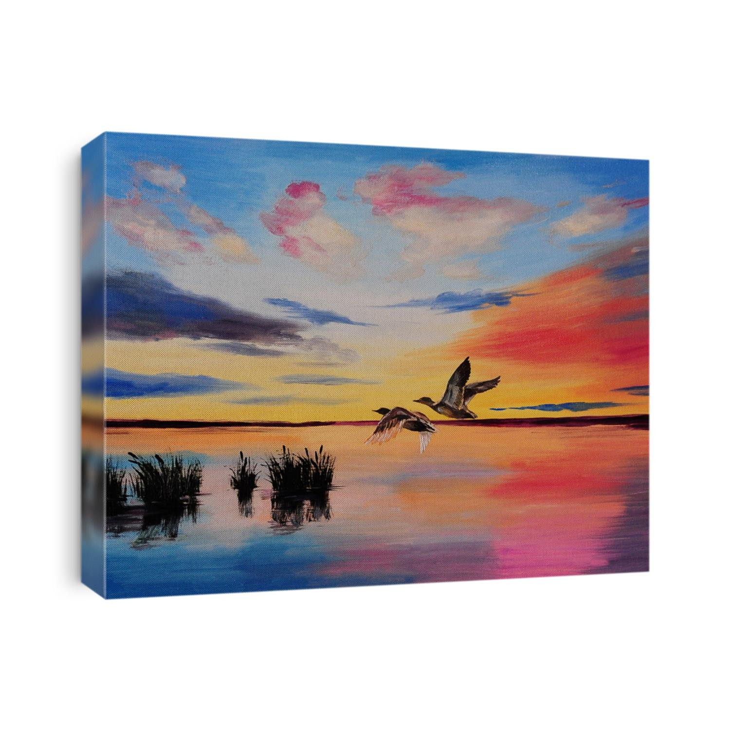 Painting sunset on the lake, ducks, colorful impressionism 