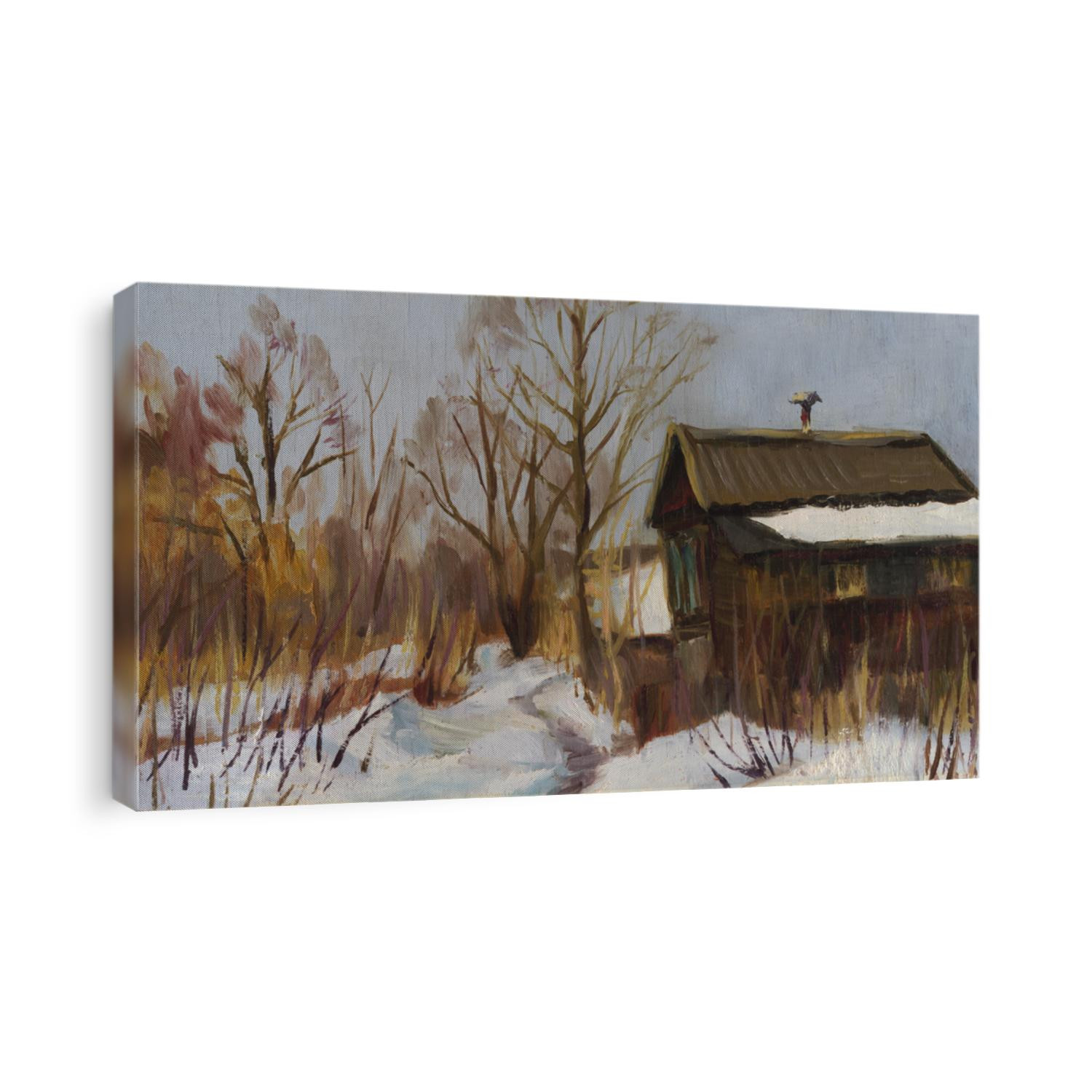 Old house, winter landscape. Oil painting