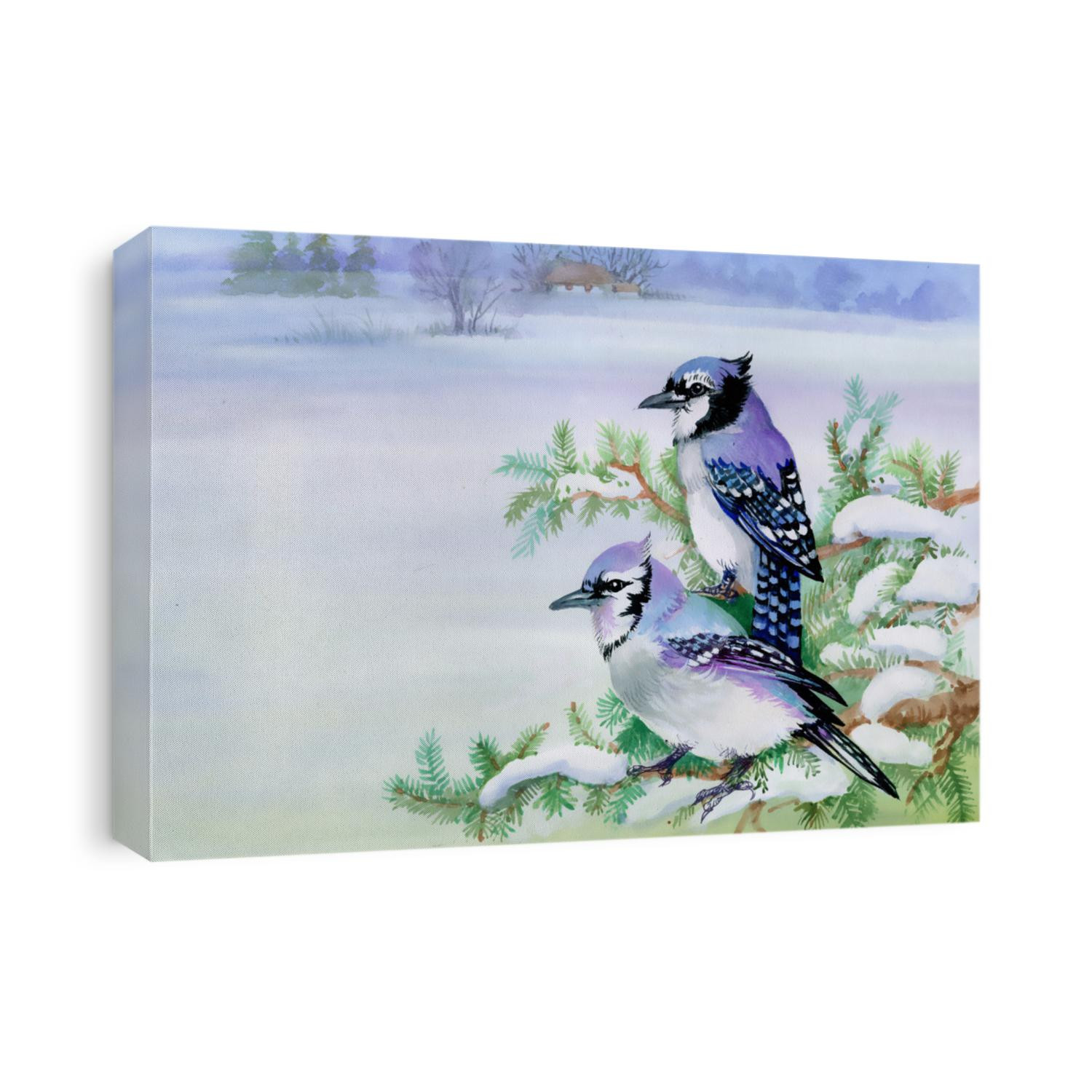 Watercolor bird sitting on branch. Hand Painted Floral Greeting Card Illustration
