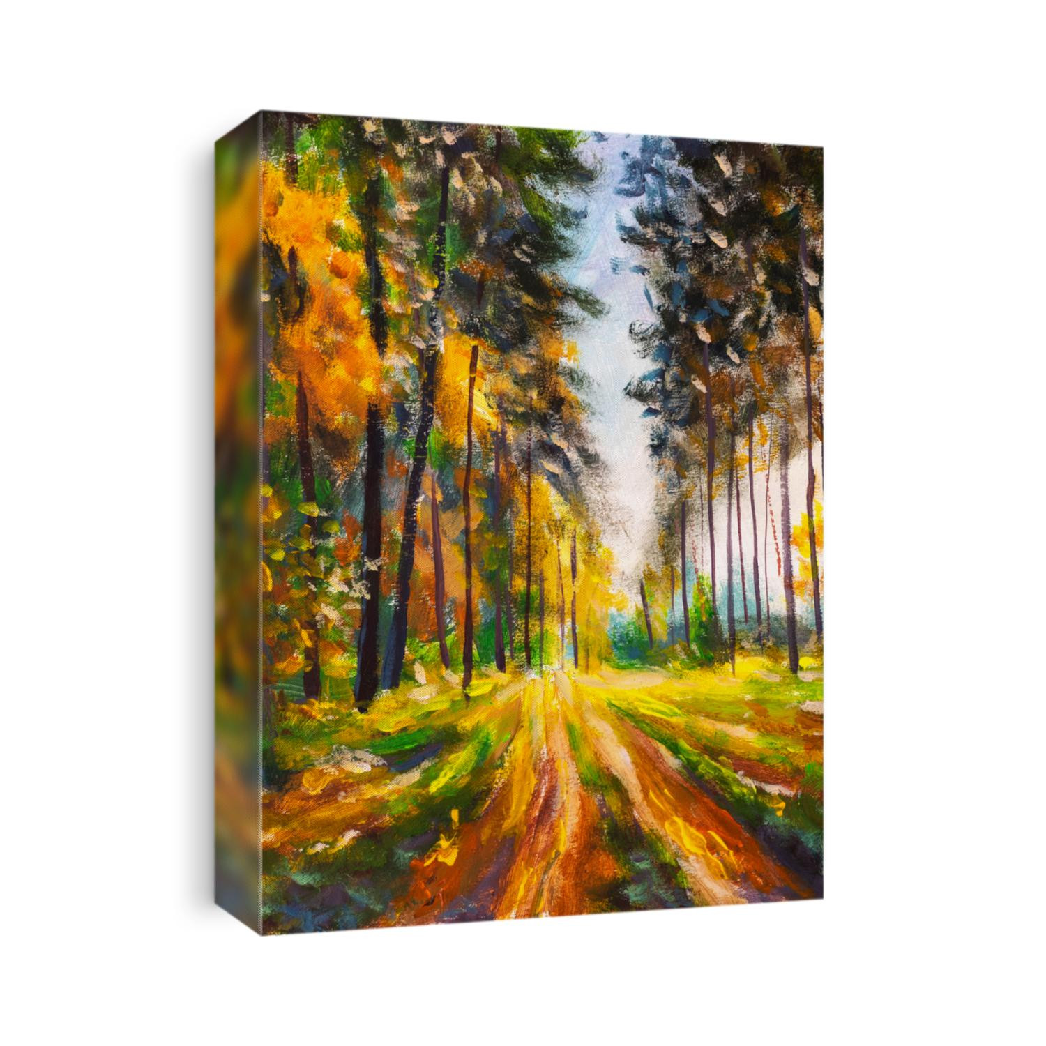 Forest Oil painting. Amazing autumn spring forest in morning sunlight. Green and yellow leaves on trees in woodland. Hand painted  park alley landscape artwork