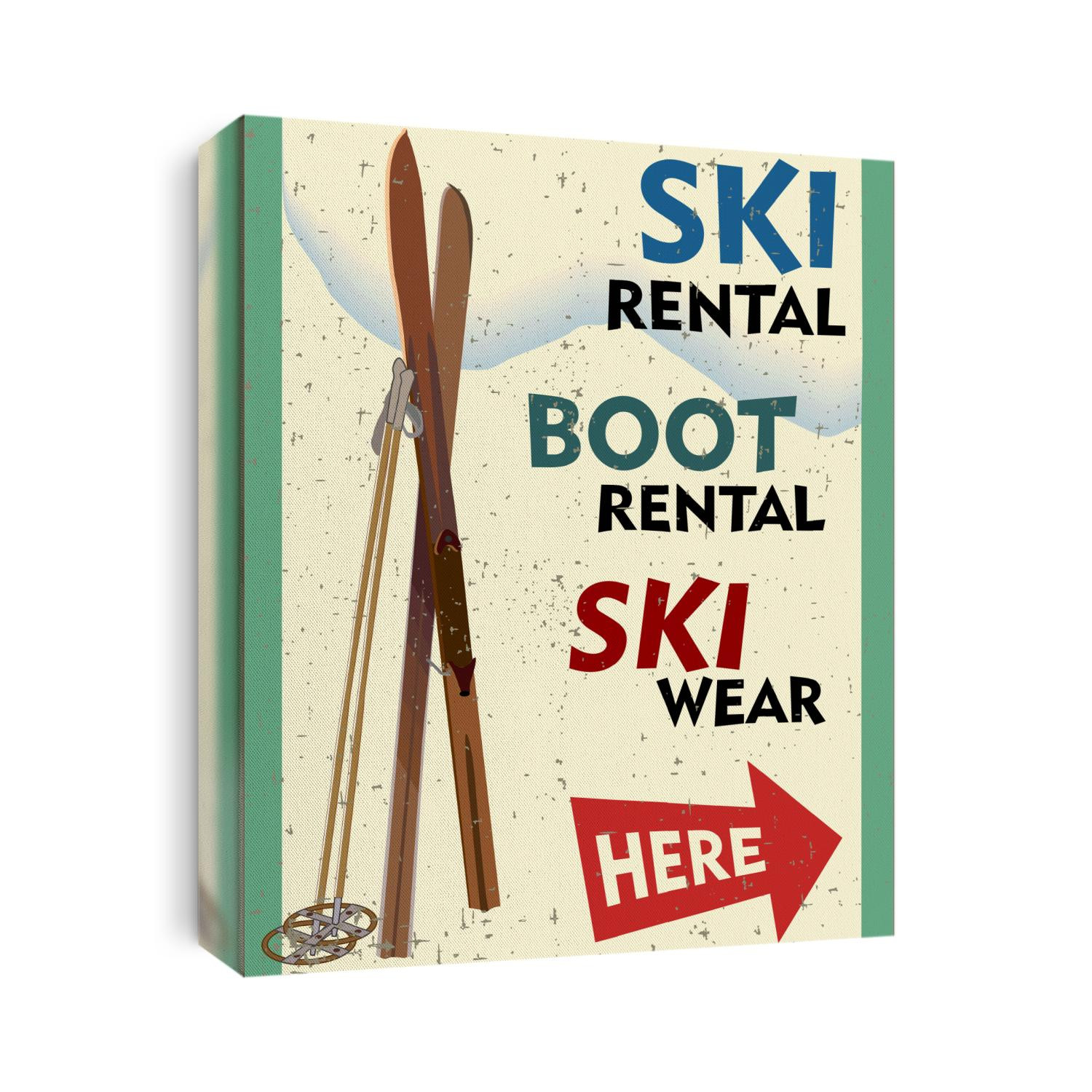 Ski rental retro poster design with pair of skis and winter mountain shape. Winter vacation concept.